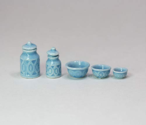 Miniature Blue Embossed Ceramic Kitchen Canister & Bowl Set for Dollhouse - Perfect for Dollhouse Decor, Mini Kitchen Accessories, and Collectible Displays