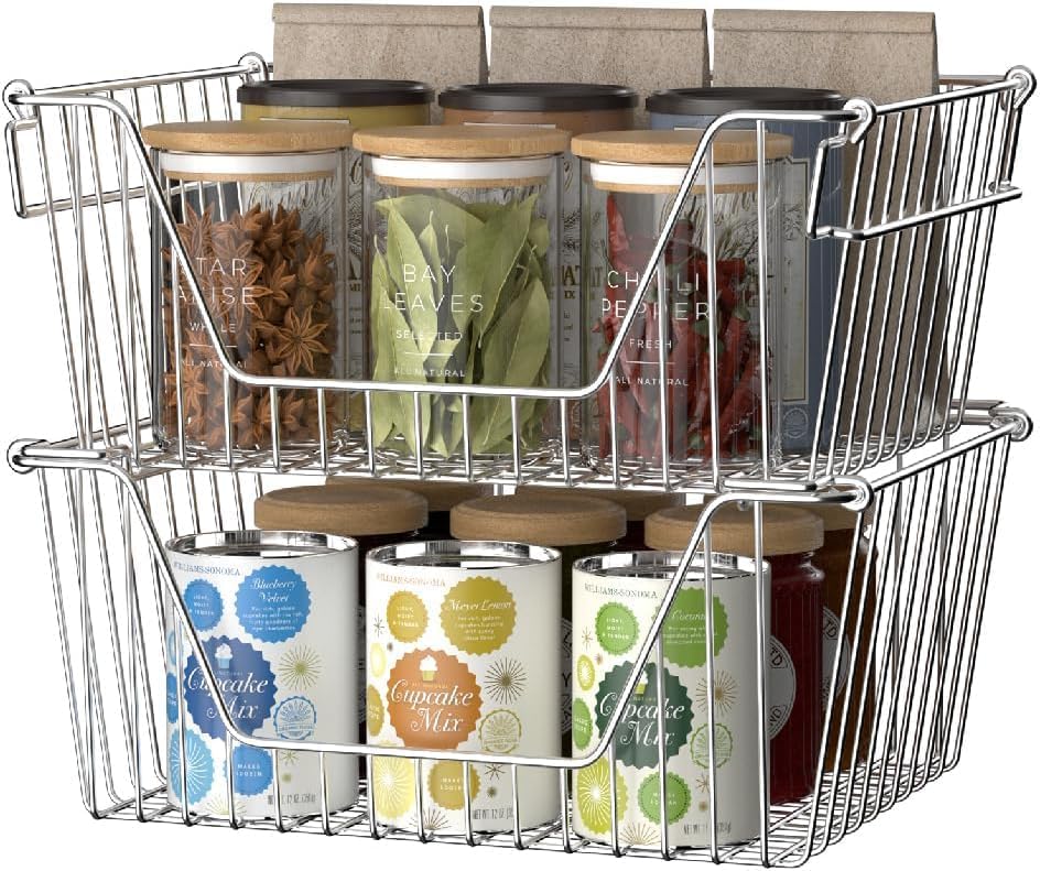 SANNO Stackable Metal Pantry Bins for Kitchen Organization - Cabinet Storage Baskets for Onion, Potato, and Farmhouse Style Countertop Use