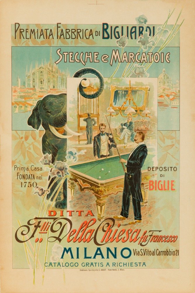 Vintage Italy Travel Poster - Della Chiesa Pool Tables c.1900 | Giclee Gallery Print 16x24 | Wall Decor for Game Room, Man Cave & Home Office