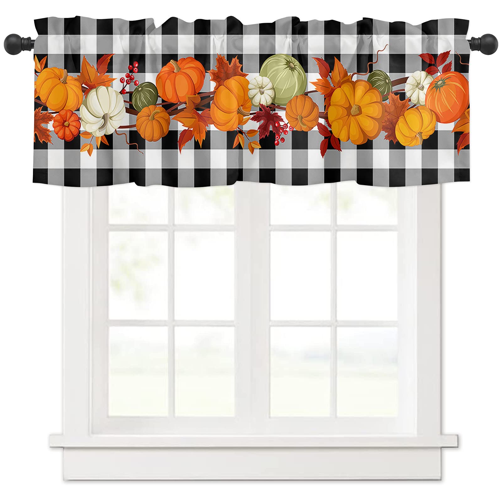 Thanksgiving Pumpkin Maple Leaves Buffalo Plaid Black White Valance Window Curtains - 54x18 Inch Rod Pocket Panel for Kitchen, Bedroom, Dining Room & Living Room Windows - Seasonal Home Decor for Fall & Autumn