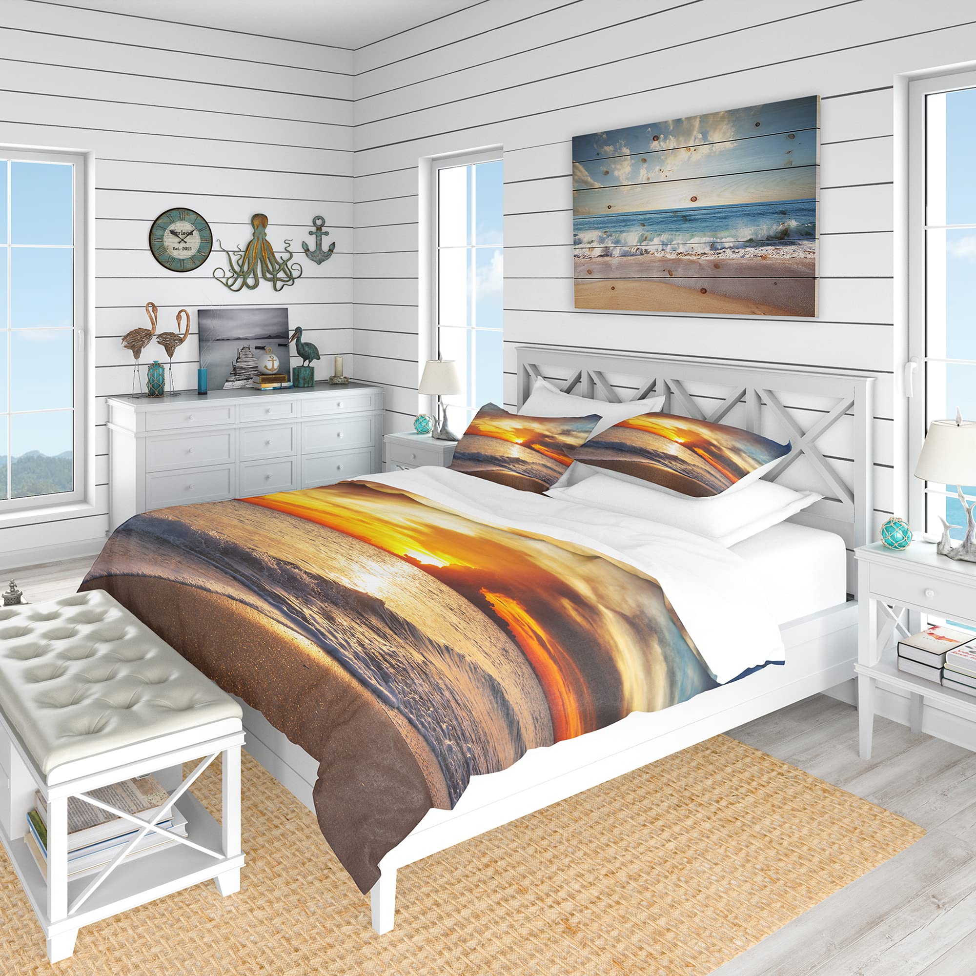 Yellow Sunset Through Dark Clouds Nautical Duvet Cover Set - King Size Coastal Beach Bedding 3-Piece Set for All Seasons | Perfect for Beach House, Coastal Decor & Master Bedroom