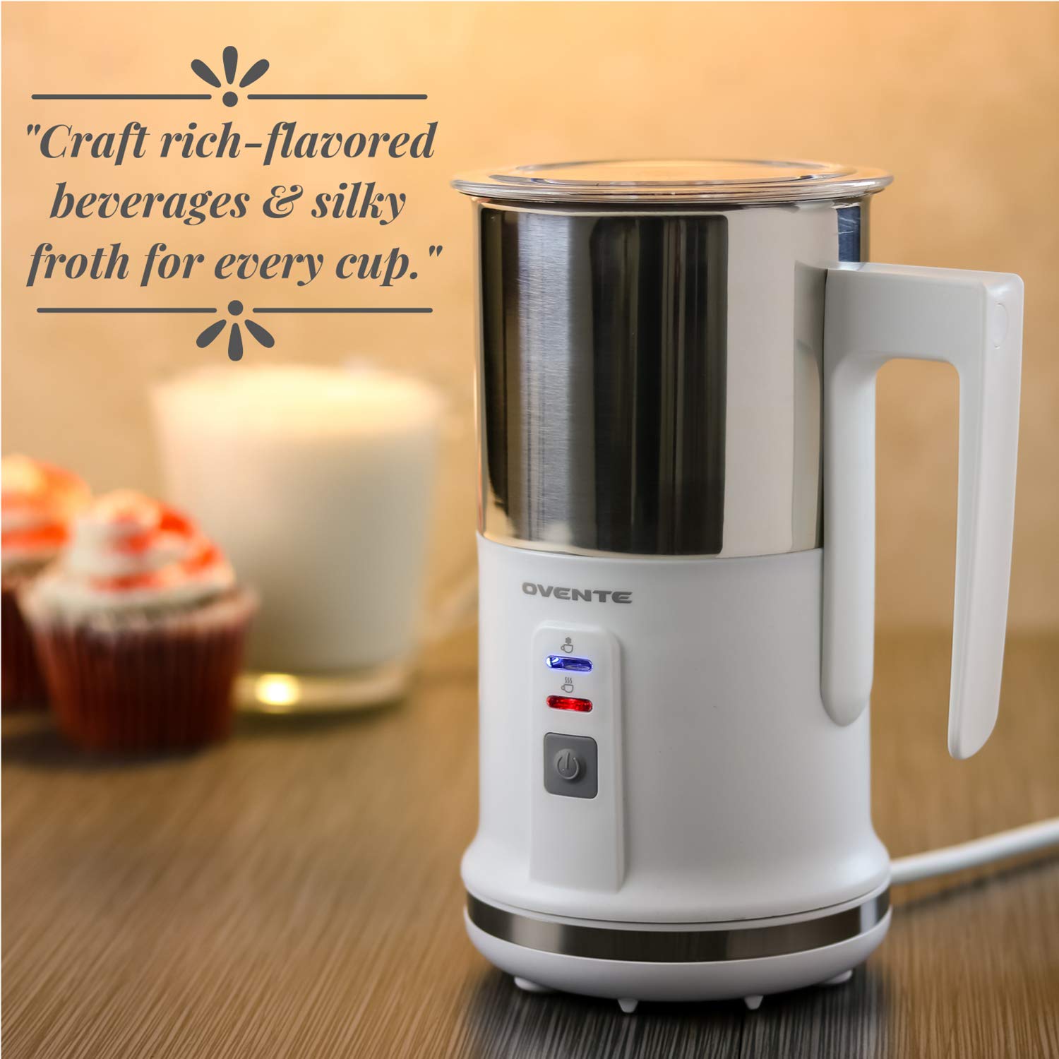 OVENTE Electric Milk Frother with Non-Stick Stainless Steel, Portable Hot & Cold Foam Maker for Coffee, Latte, Cappuccino & Hot Chocolate - Auto Shut-Off, Perfect for Home, Office & Coffee Shops (White, Model FR1208W)