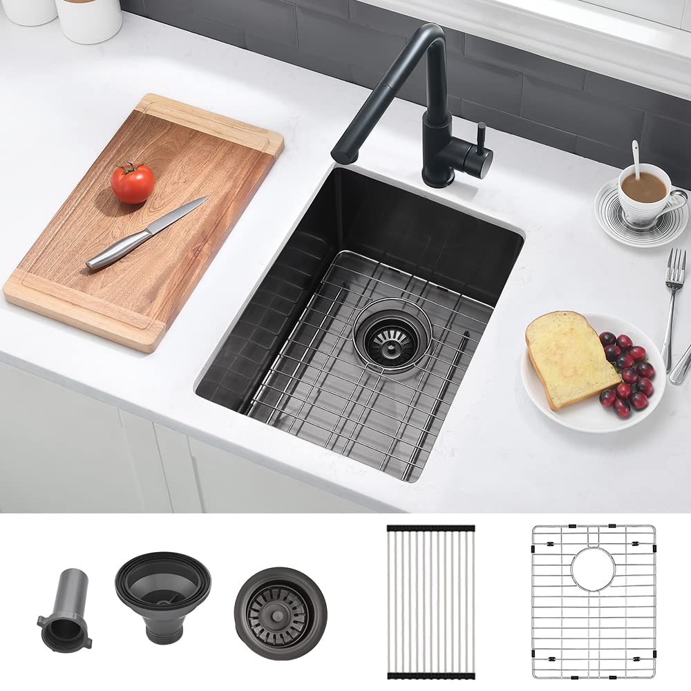 14 Inch Black Undermount Bar Sink - VASOYO 14x18 Stainless Steel Bar Prep Sink, 16 Gauge Single Bowl Kitchen Sink with Bottom Grid & Drain - Perfect for Small Kitchens, Outdoor, RV Use