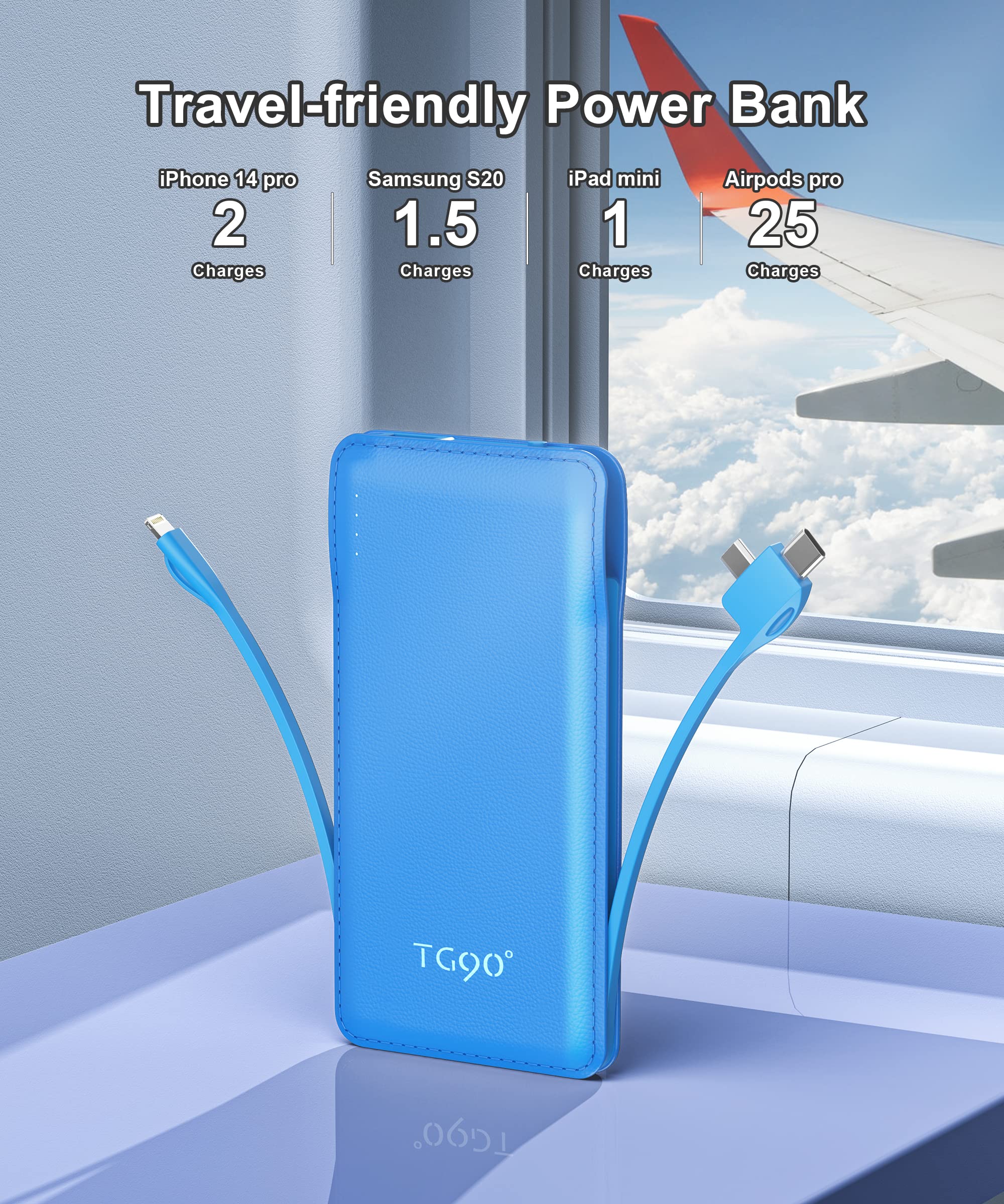 TG90° 10000mAh Power Bank with Built-in Cables - Portable Charger for iPhone & Android Phones | Fast Charging Battery Pack for Travel, Camping & Emergency Power Backup