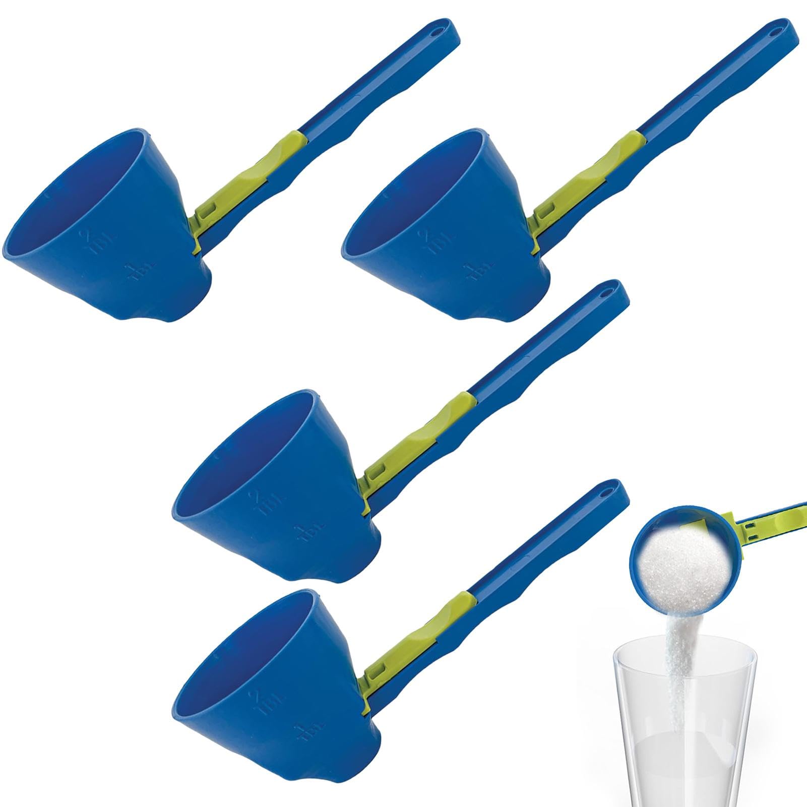 4-Piece Funnel Scoop Set - No Spill 2-in-1 Measuring Scoop with Sliding Base & Long Handle for Protein Powder, Baby Formula, Gym Supplements | Perfect for Kitchen, Bodybuilding & Travel Use