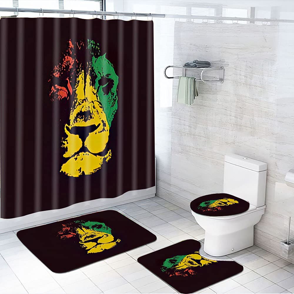 4-Piece Lion Shower Curtain Set with Toilet Cover & Floor Mat - Rasta Bob Jamaica Judah Theme - 72x72 Inch Bathroom Decor for Tropical & Reggae Style Homes