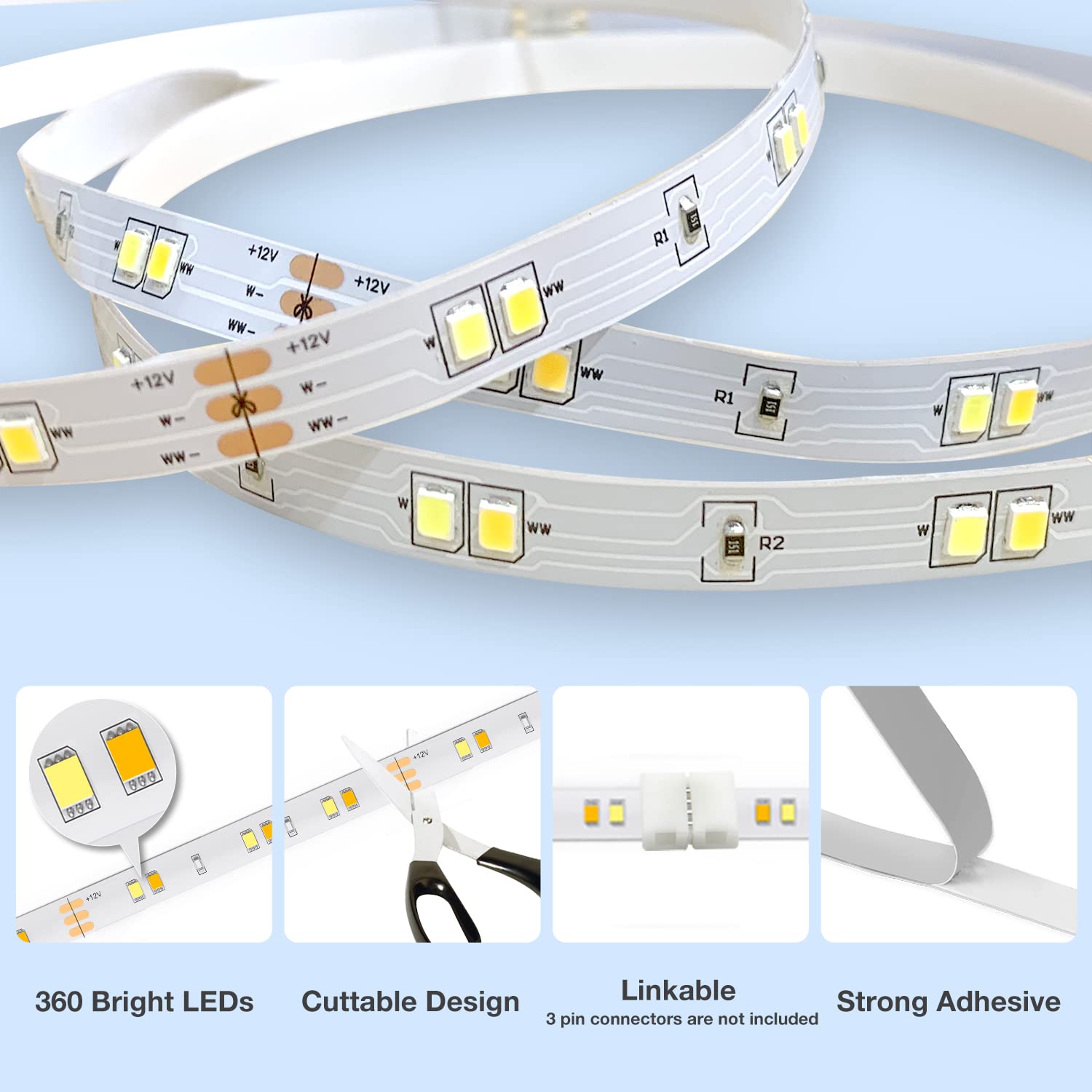 DAYBETTER 20ft Dimmable Under Cabinet LED Strip Lights Kit - 360 LEDs, Tunable White (2700K-6500K), Remote Control, 6 x 3.28ft Strips - Perfect for Kitchen Cabinets, Countertops, Shelves & Home Decor with Timer Function