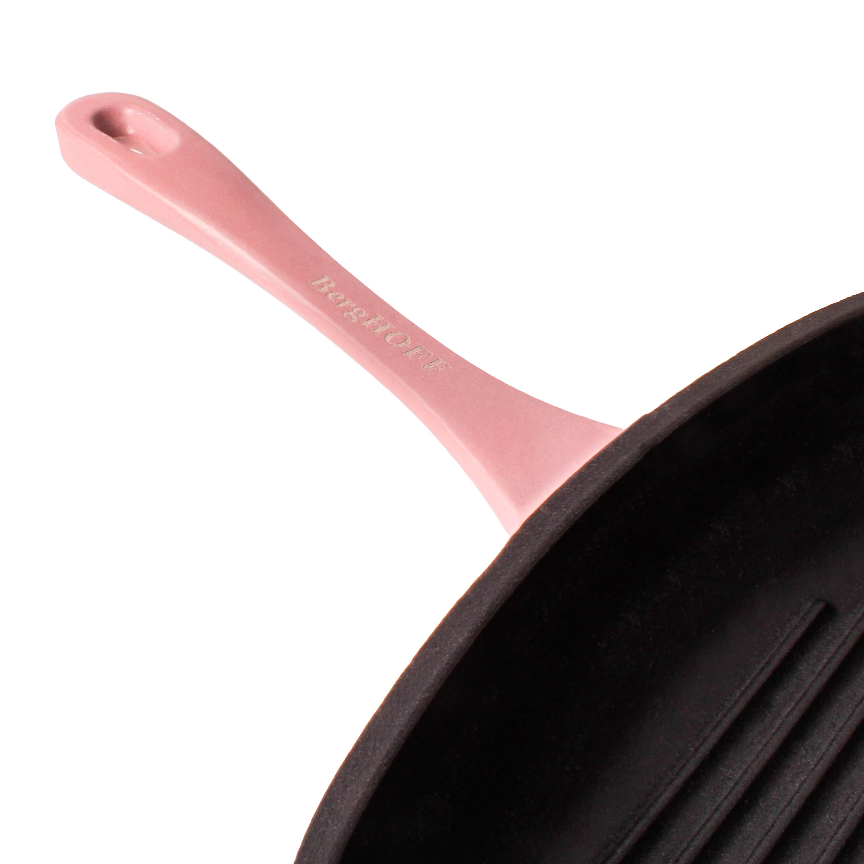 BergHOFF Neo 2-Piece Cast Iron Grill Pan Set with Slotted Steak Press - 11 Inch Nonstick Skillet for Steaks, Burgers & Vegetables, Pink - Perfect for Indoor & Outdoor Cooking, BBQ, Camping & Kitchen Use