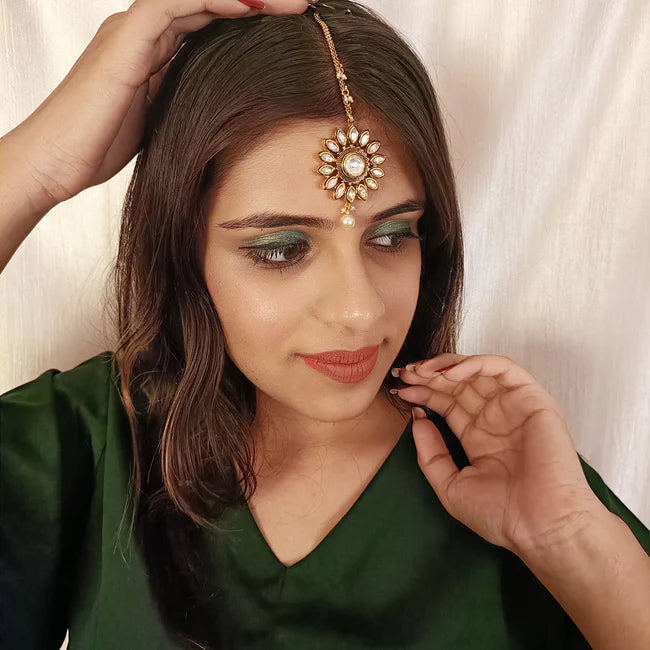 Royal Kundan Maang Tikka Gold Plated Hair Jewelry - Indian Bridal Headpiece for Weddings & Festivals (Design D38)