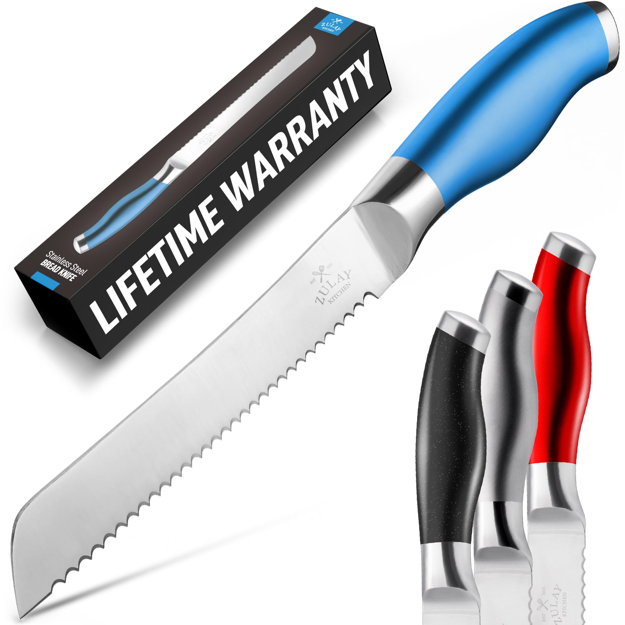 Zulay Premium 8-Inch Serrated Bread Knife - Stainless Steel Blade for Slicing Homemade Bread, Cake, Bagel - Ergonomic 5-Inch Handle with Safety Tip Guard - Perfect for Bakeries, Kitchens & Gift Giving (Blue)
