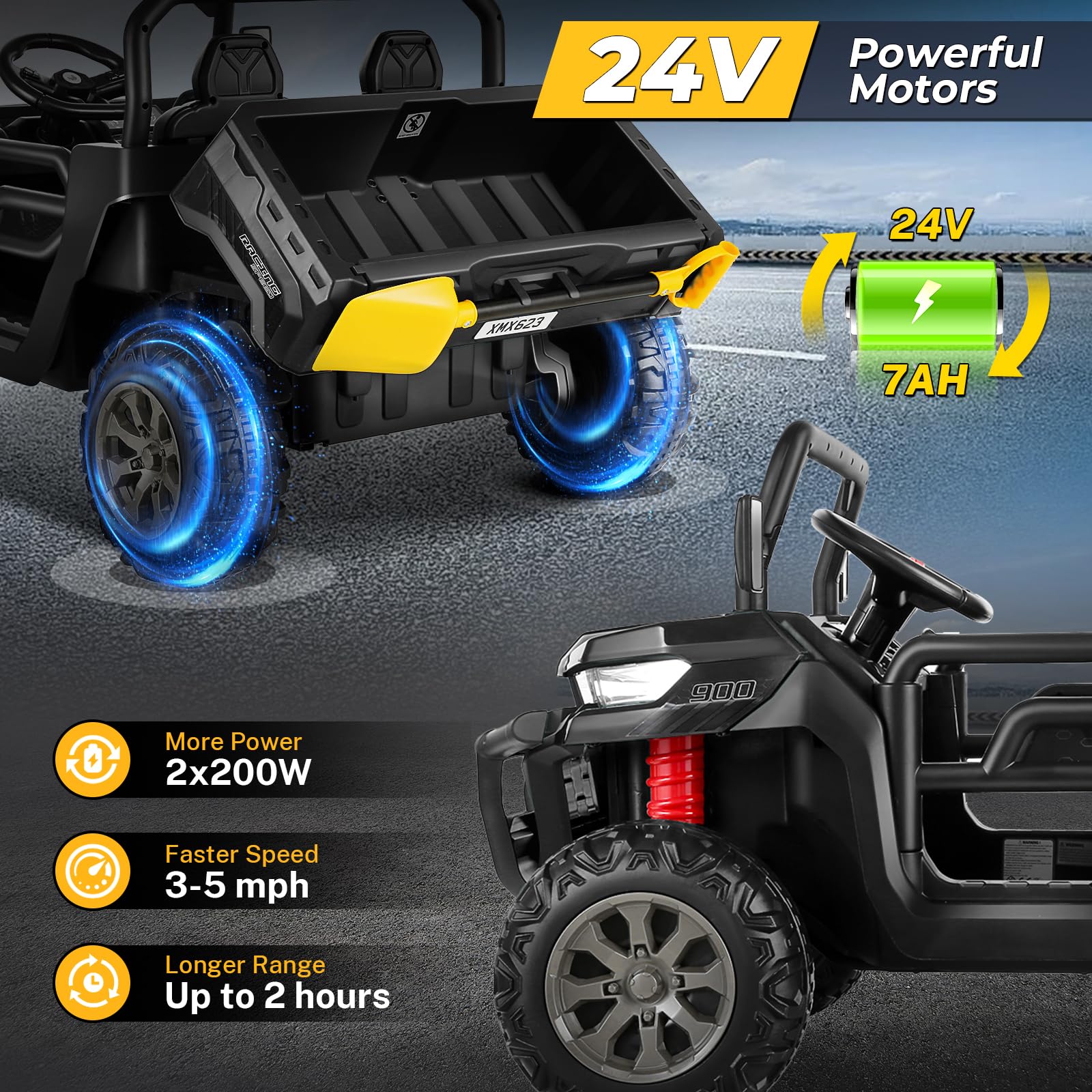 Hikole 24V Electric Ride On Dump Truck for Kids - 2 Seater Power Wheels with Remote Control, 3 Speed Settings, Music & Bluetooth - 24 Volt Battery Powered Toy Truck for Big Boys & Girls (Black) - Perfect for Outdoor Play, Backyard Adventures & Construction Pretend Play