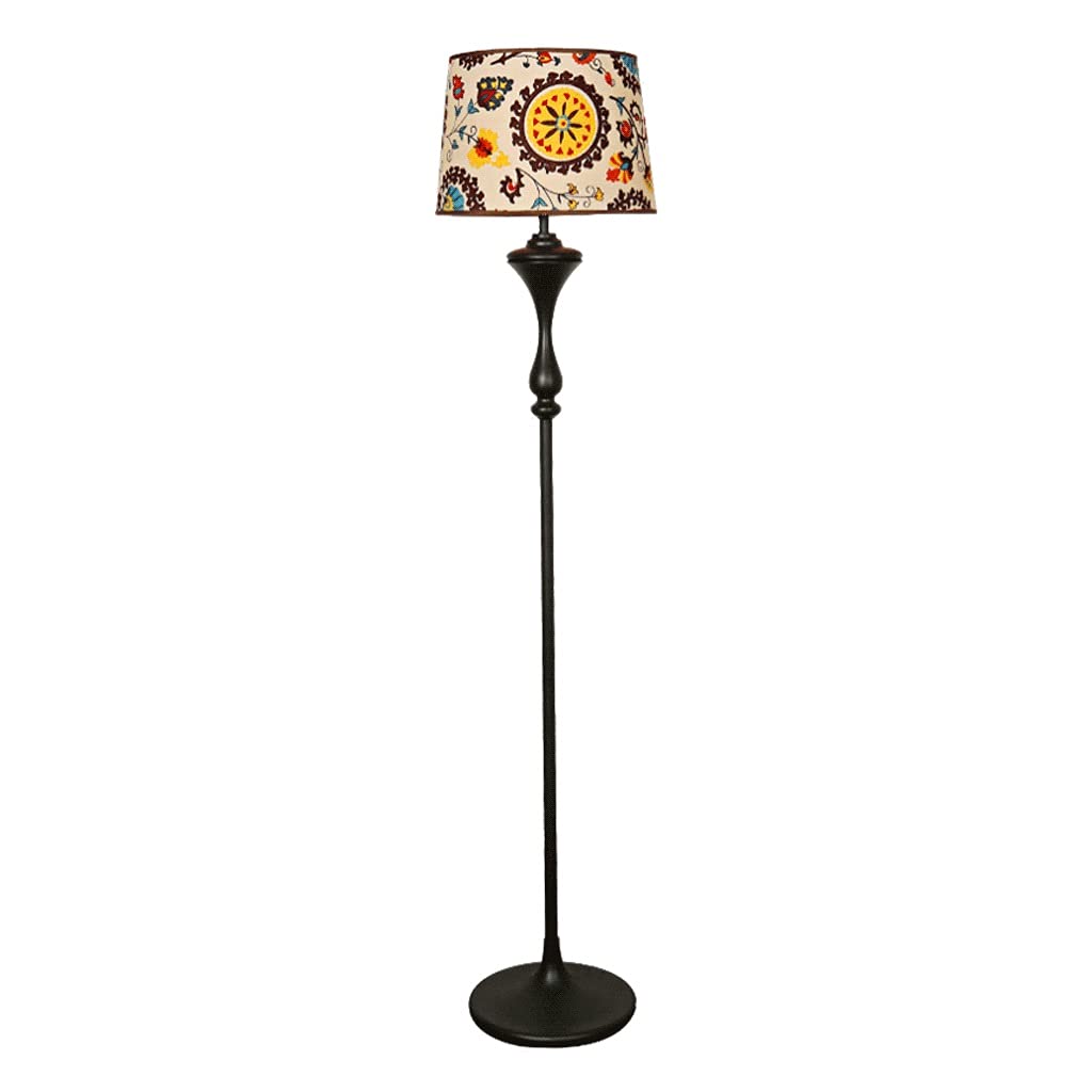 Vintage Rustic Floor Lamp with Printed Fabric Shade - Classic Standing Pole Light for Living Room, Bedroom & Office - 3W Tall Upright Lamp for Home Decor & Ambient Lighting