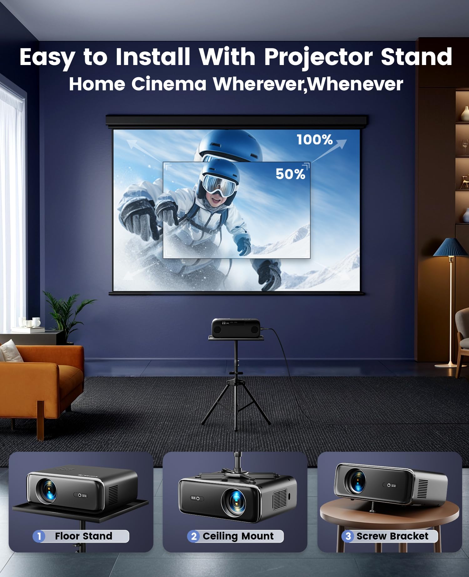 Auto Focus & Keystone Projector - 30000 Lumen WiFi 6 Bluetooth Full HD 1080P Portable Projector with 4K Support, 4D/4P Keystone Correction, 50% Zoom, 300