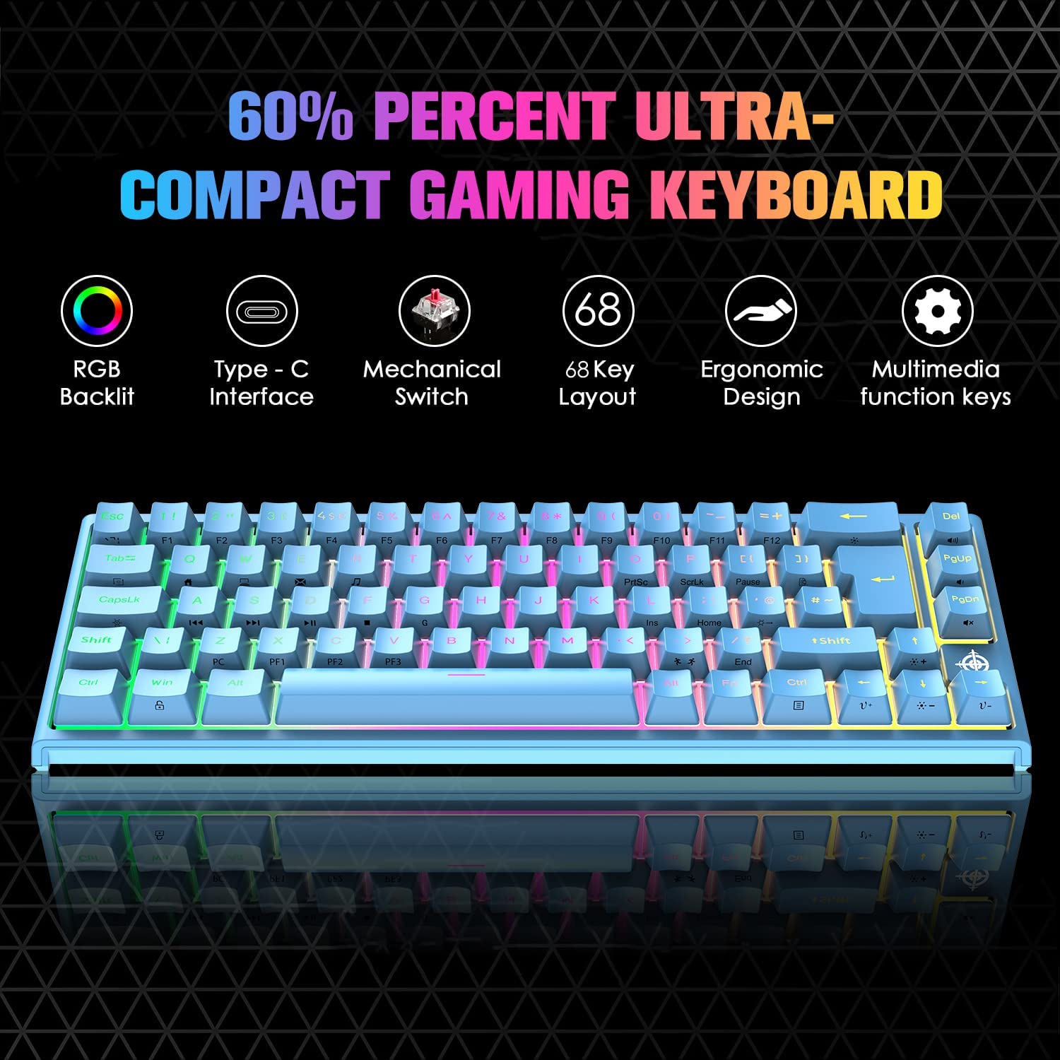 LexonElec 60% RGB Mechanical Gaming Keyboard - Compact 68-Key with Red Switches for PC/MAC/PS4 Gamers & Office Use