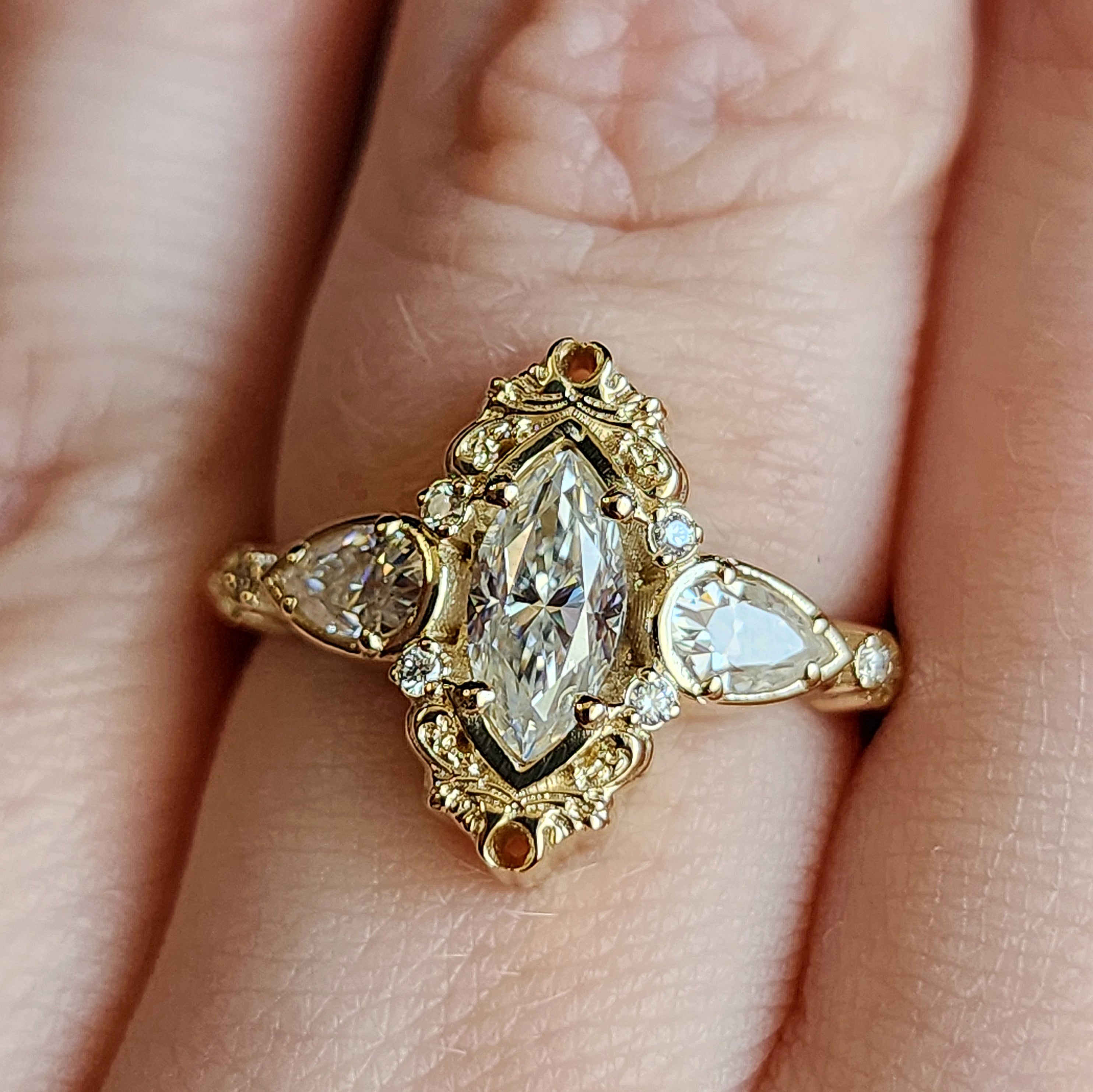 Odette Marquise Cut Diamond Engagement Ring with Pear Side Stones - Elegant Wedding Band for Proposals & Anniversaries - Perfect for Romantic Occasions & Special Celebrations