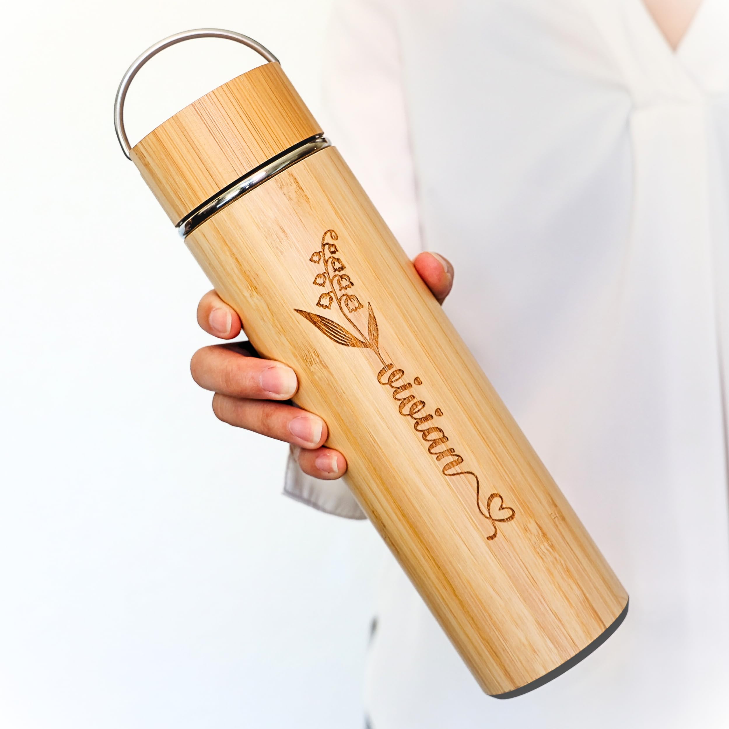 17oz Personalized Bamboo Tumbler with Tea Infuser - Insulated Stainless Steel Water Bottle | Eco-Friendly Tea Thermos for Women | Best Friend Birthday Gift, Christmas Present (Great for Office, Yoga & Travel)