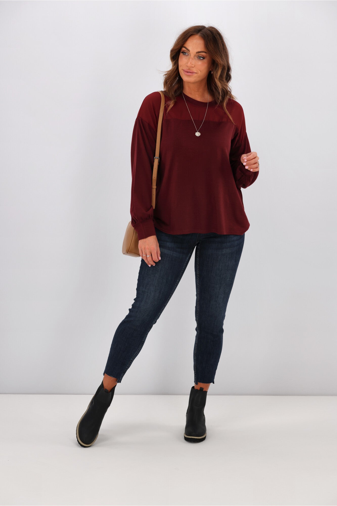 Alpine by Shine On Fleur Chiffon Yoke Merino Top in Claret Red - Elegant Women's Knitwear for Fall & Winter Layering