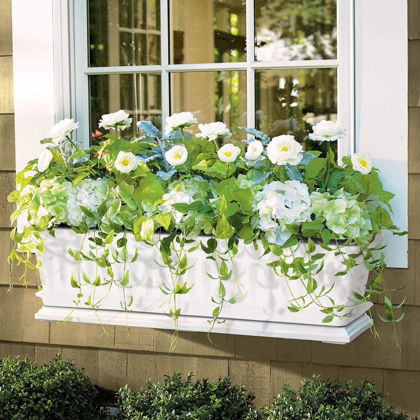 6 Pack White Plastic Window Box Planters - 17 Inch Rectangular Flower & Vegetable Planters with Drainage Trays - Perfect for Windowsill, Balcony, Patio, Garden & Porch Decor - Indoor/Outdoor Gardening Solution