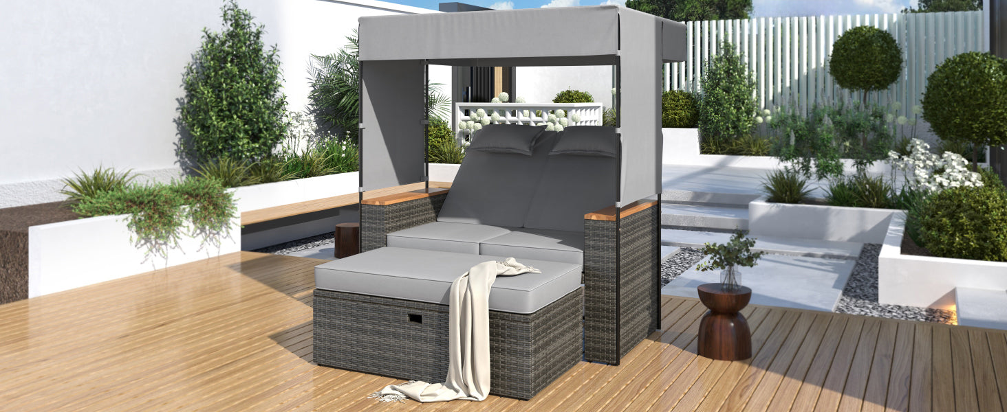 2-Piece Outdoor Rattan Daybed with 5 Adjustable Positions - Patio Loveseat Sofa Set for Poolside, Garden, or Backyard Relaxation
