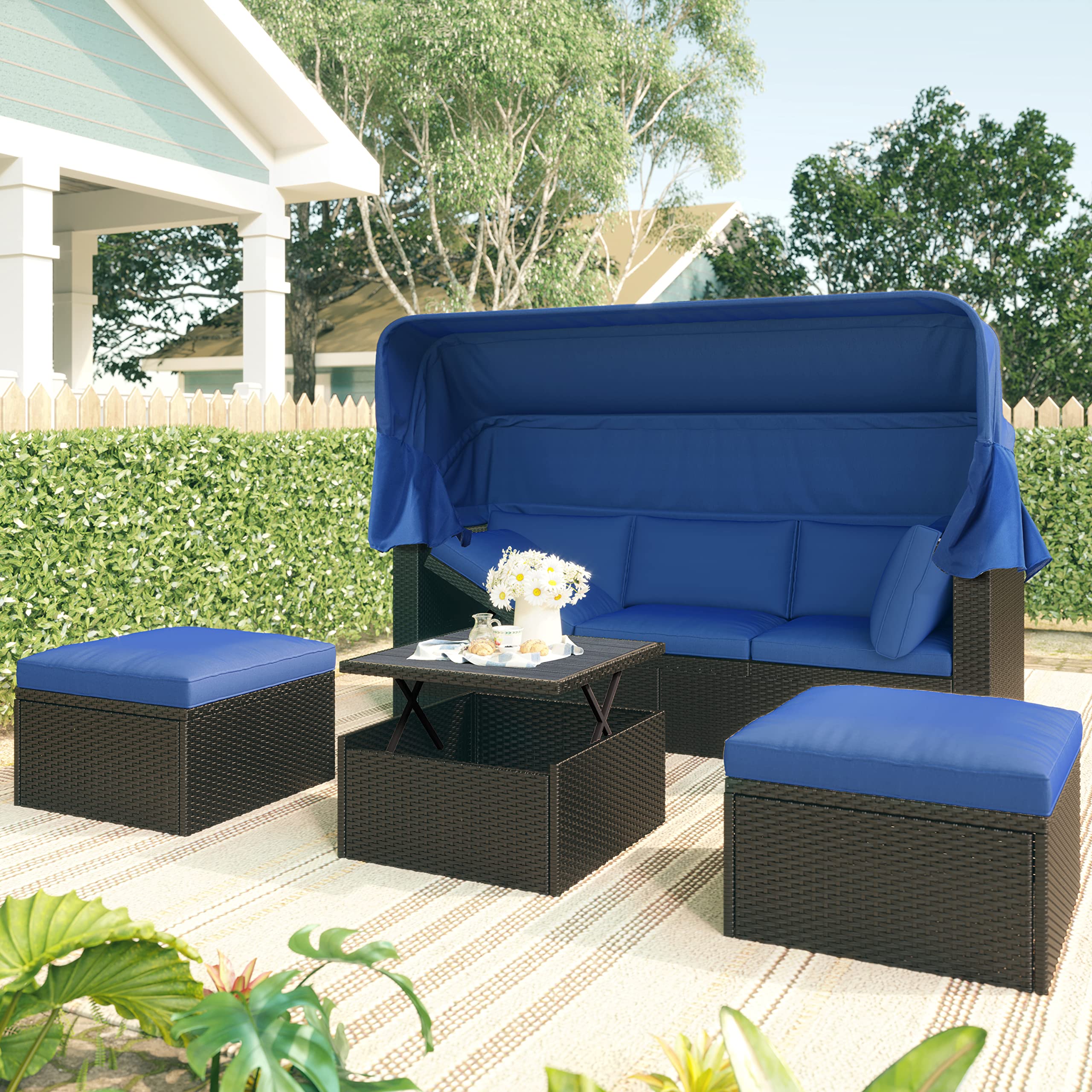 **UV-Resistant Outdoor Patio Rattan Daybed with Retractable Canopy - Waterproof Resin Wicker Sofa Set with Cushions, Pillows & Lift Table - Perfect for Backyard, Porch, Poolside, or Garden Relaxation**