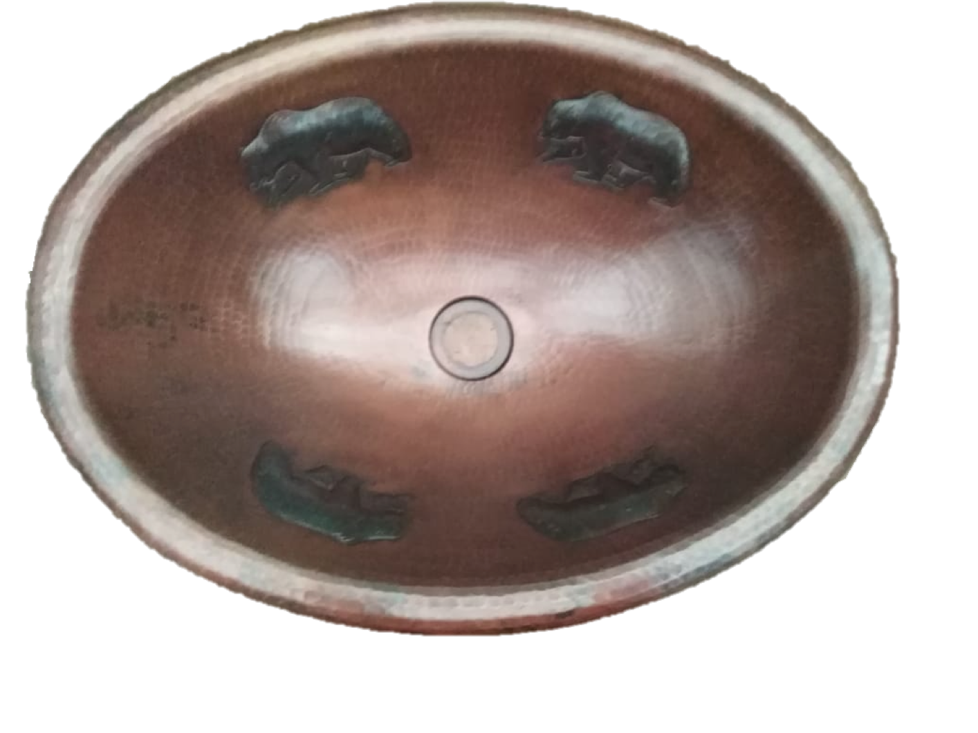 Handcrafted Oval Copper Sink with Bears Design - Rustic Rounded Edge for Farmhouse & Cabin Bathroom Decor