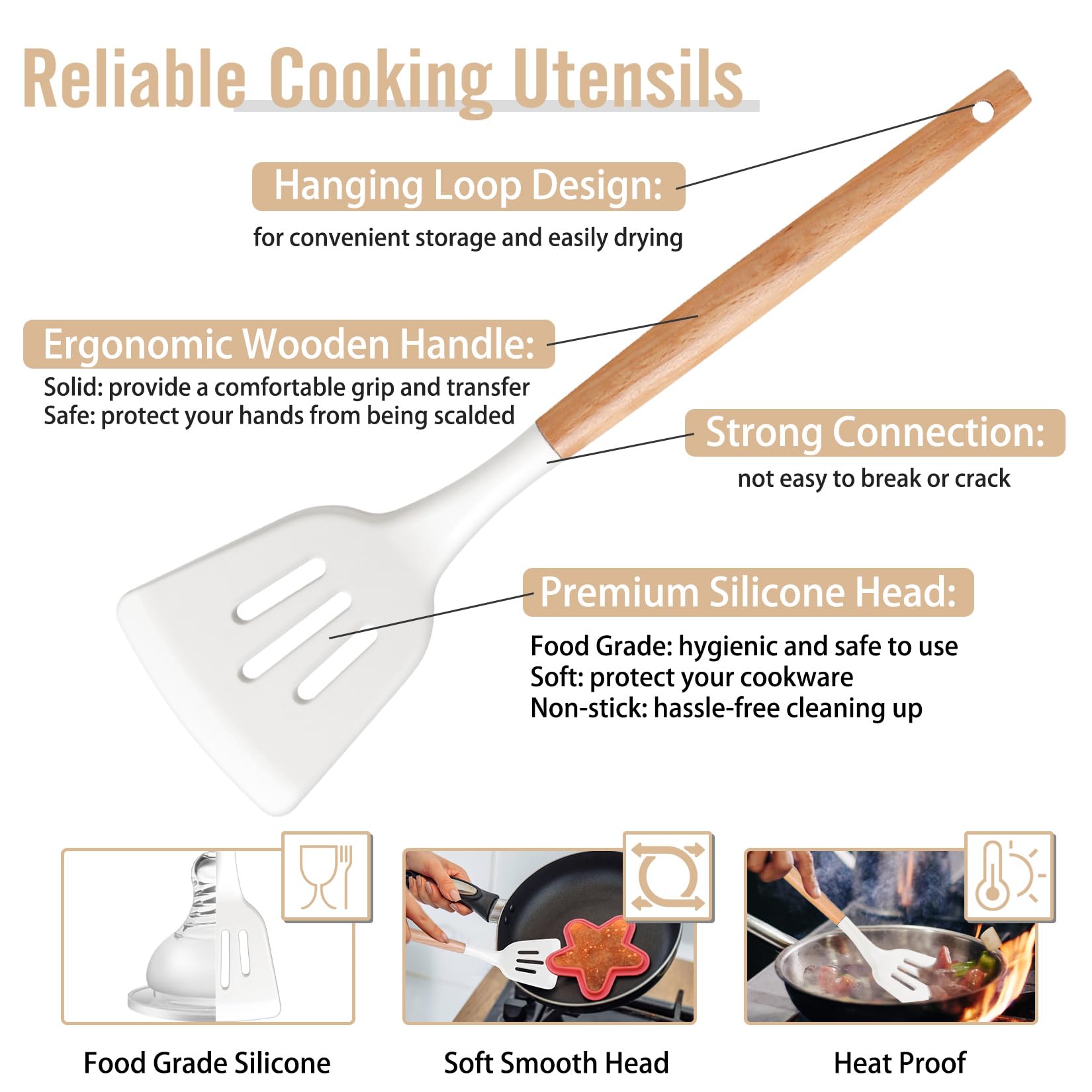 P&P CHEF 6-Piece Silicone Cooking Utensil Set with Wooden Handle - Heat Resistant Spatula, Spoon & Turner for Nonstick Cookware - Dishwasher Safe & Non-Toxic Kitchen Tools - Perfect for Baking, Frying & Everyday Cooking