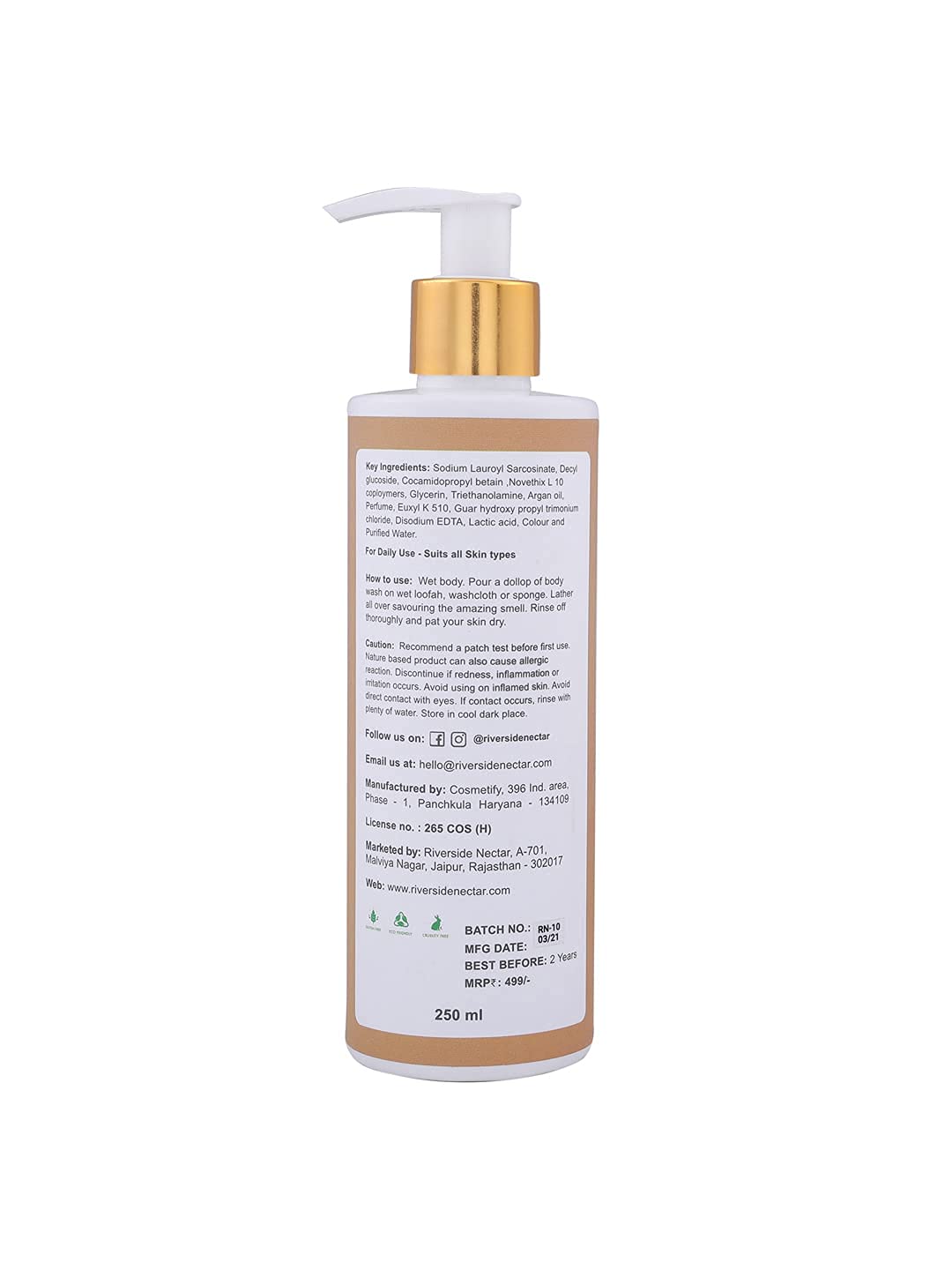 Riverside Nectar Argan Oil & Glycerin Body Wash - Organic, Hydrating, Cruelty-Free Shower Gel (250ml Pump Bottle) | Deep Moisturizing for Dry Skin, Daily Body Cleanser for Soft & Smooth Skin
