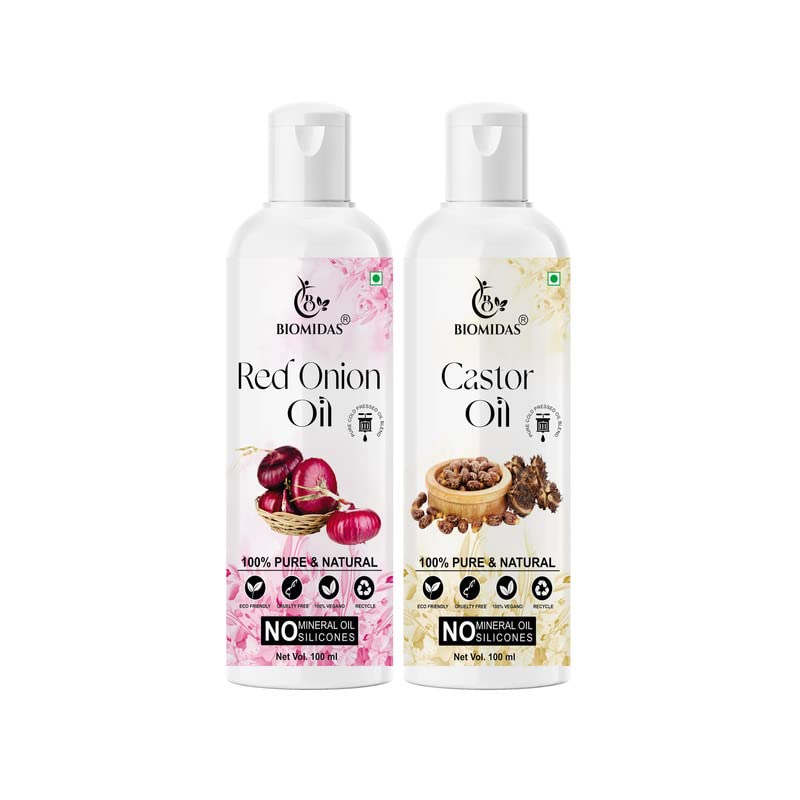 Biomidas 100% Pure Red Onion Oil & Castor Oil Combo (100ML Each) - Promotes Fast Hair Growth, Reduces Hair Fall, Repairs Split Ends for Soft & Shiny Hair - Perfect for Daily Hair Care & Scalp Treatment (Pack of 2)