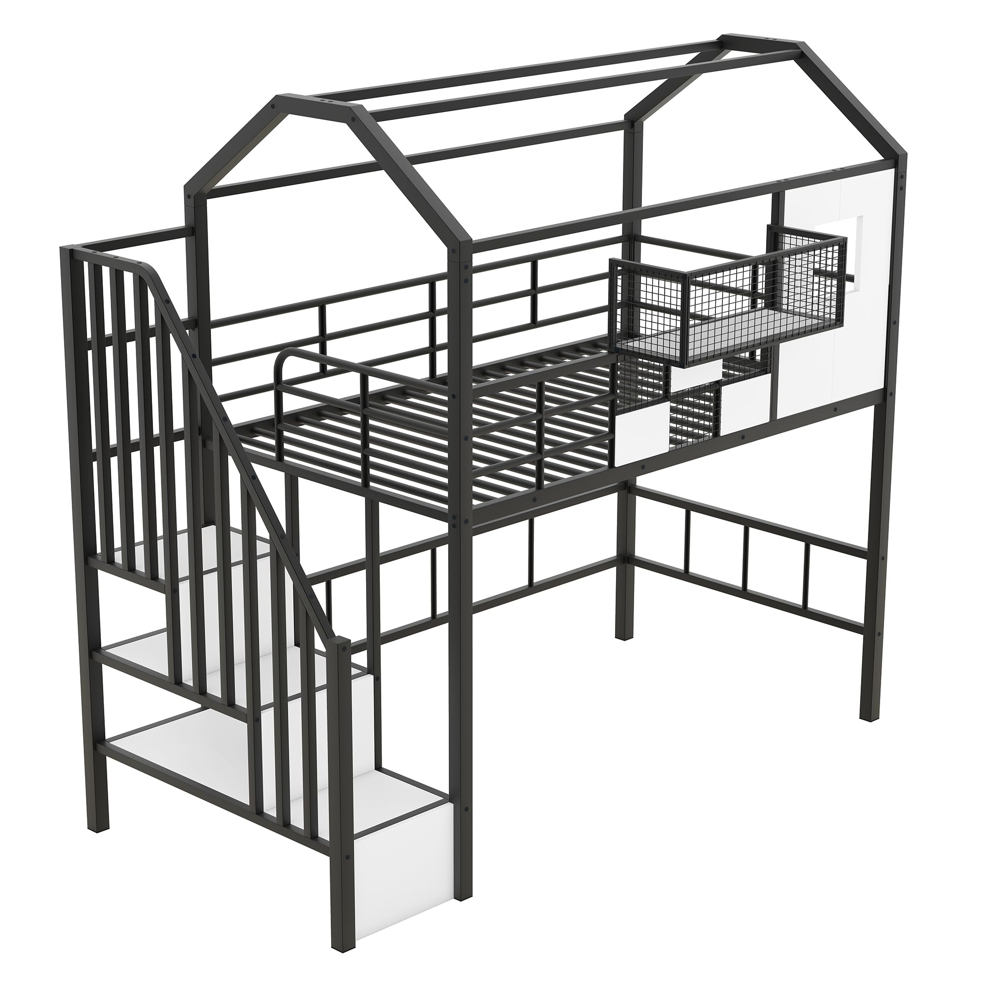**Twin Size Loft Bed with Storage Stairs, Roof, Window & Guardrail – Metal House Loft Bed for Kids & Teens – Space-Saving Black Twin Loft Bed with Storage Box – Perfect for Small Rooms, Dormitories & Kids' Bedrooms**