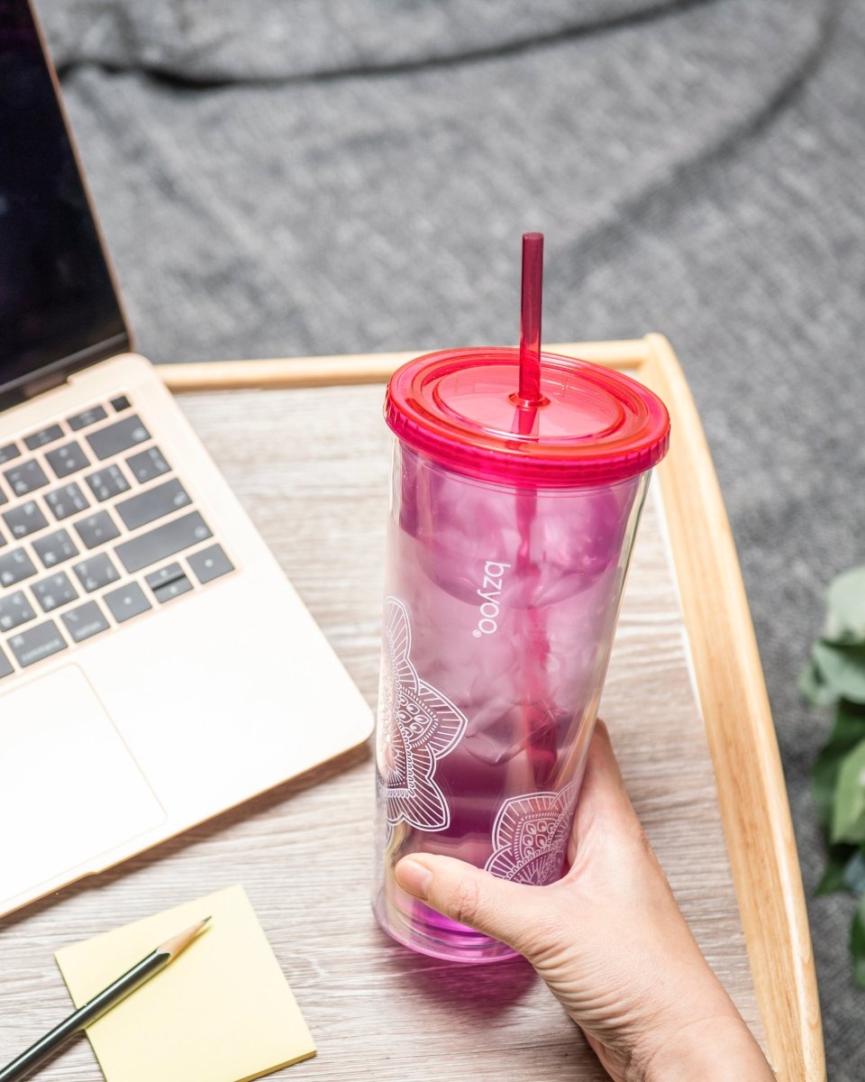 24oz Double Wall Insulated Plastic Tumbler with Lid and Straw - La La Mandala Pink Design | Leakproof Travel Mug for Coffee, Tea & Cold Drinks | BPA-Free Reusable Cup for Office, Gym & Outdoor Activities