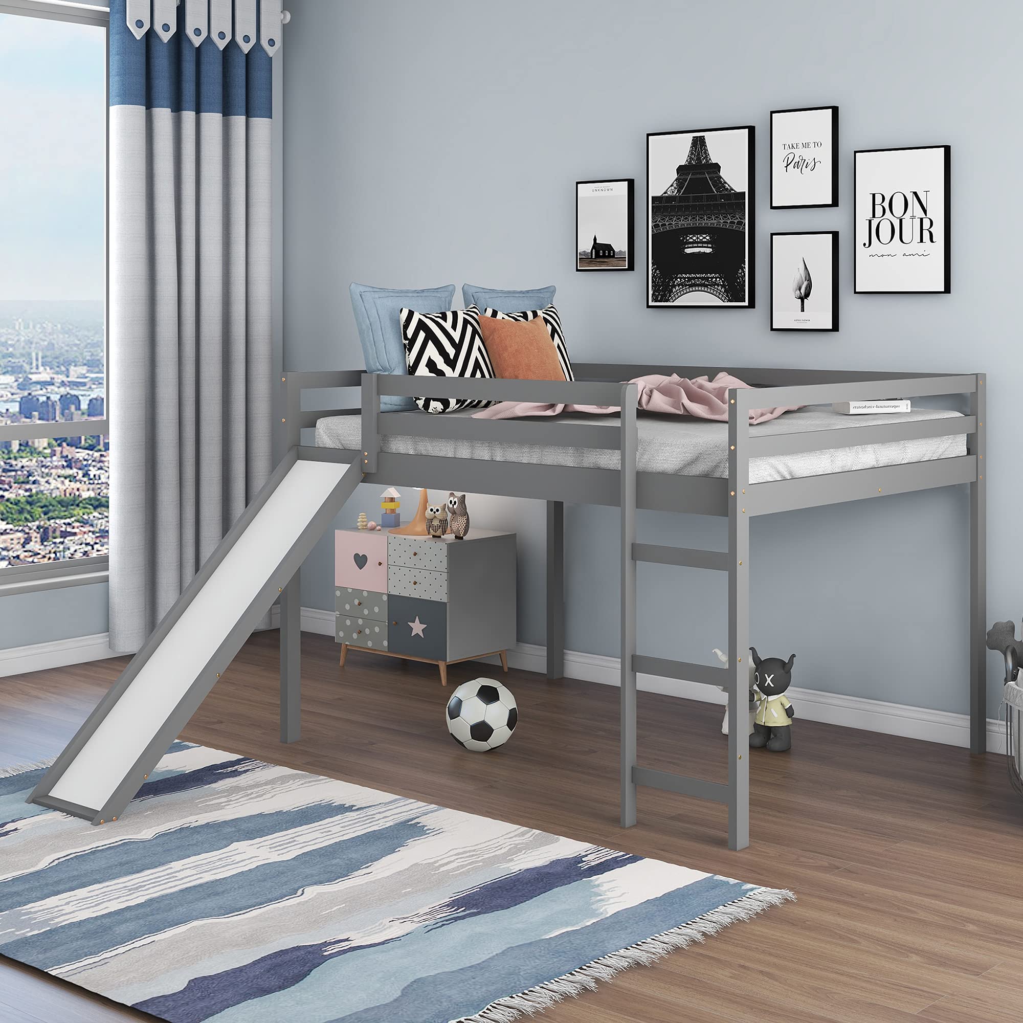 P PURLOVE Full Size Wooden Loft Bed with Slide - Sturdy Kids Bunk Bed Frame for Boys & Girls, No Box Spring Required (Gray) - Perfect for Small Bedrooms, Playrooms & Dorm Rooms