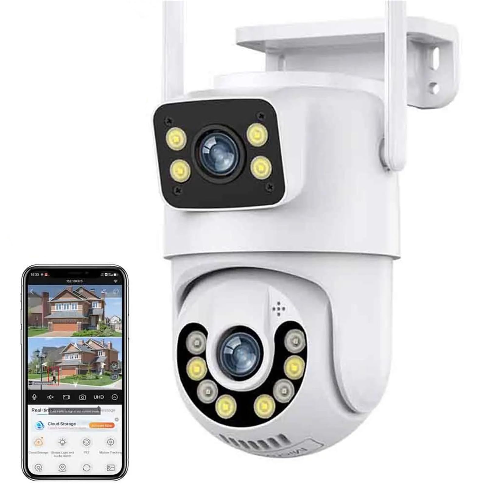 6MP Dual Lens PTZ Outdoor Security Camera with WiFi, Auto Tracking & IP66 Waterproof - Dual Screen Display & 128GB Card Included for Home/Business Surveillance (Day/Night Monitoring)