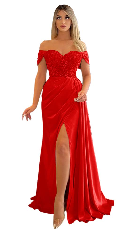 **Elegant Mermaid Slit Prom Dresses 2024 – Off Shoulder Beaded Bridesmaid & Formal Evening Gowns for Women – Perfect for Weddings, Galas & Red Carpet Events**