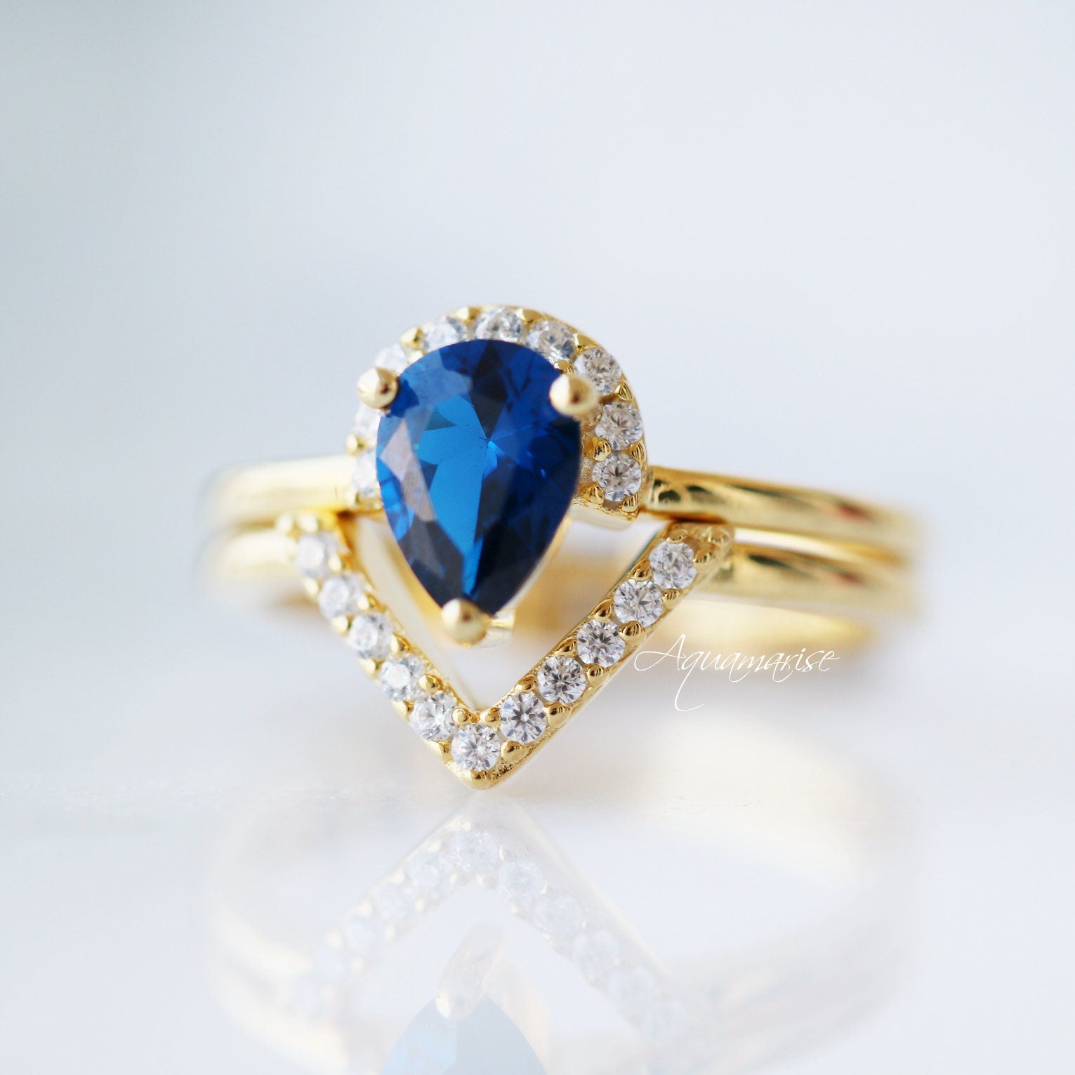 14K Yellow Gold Vermeil Aria Sapphire Ring Set - Elegant Jewelry for Women, Perfect for Engagement, Wedding, Anniversary & Special Occasions