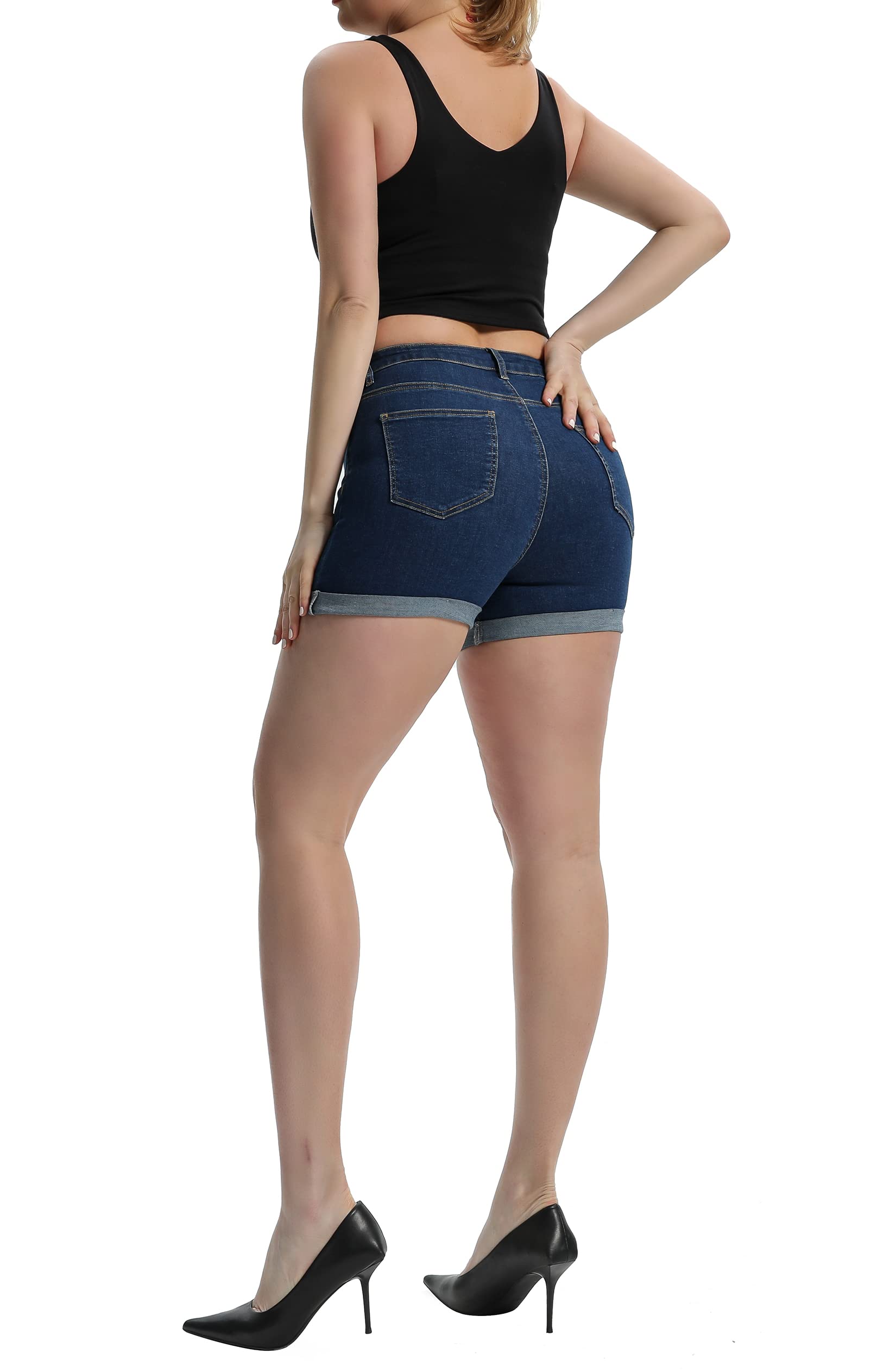 Laeyzuo Women's High Waisted Stretch Jean Shorts with Folded Hem - Fashion Denim Shorts for Summer Outfits, Casual Wear & Beach Vacations