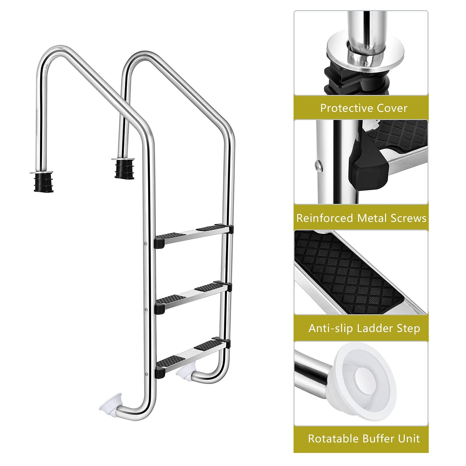 Goplus 3-Step Stainless Steel Swimming Pool Ladder for In-Ground Pools | Heavy Duty Non-Slip Design | Easy Assembly | Indoor & Outdoor Use | Perfect for Backyard, Community, and Resort Pools