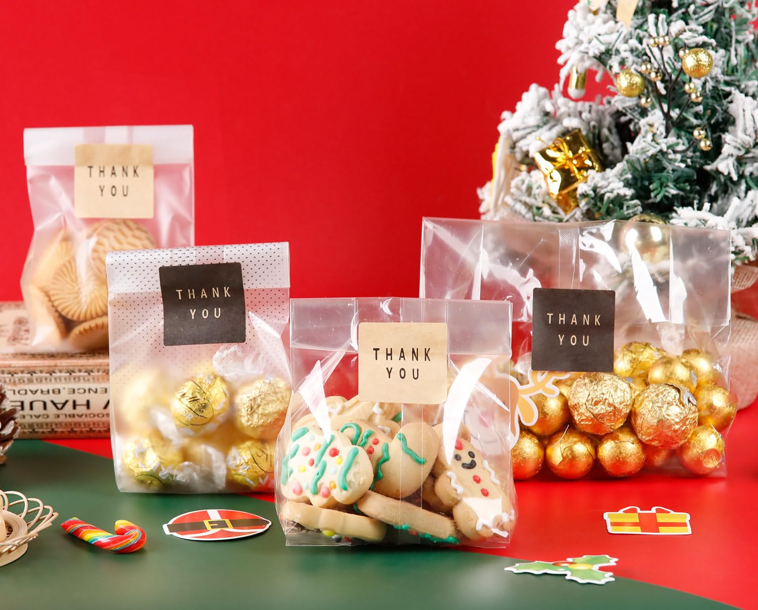Clear Cellophane Treat Bags for Cookies, Candy & Chocolates - 9x3.2 Inch Black Dot Gift Packaging Bags with Stickers | Perfect for Birthday Parties, Baby Showers & Holiday Gifting