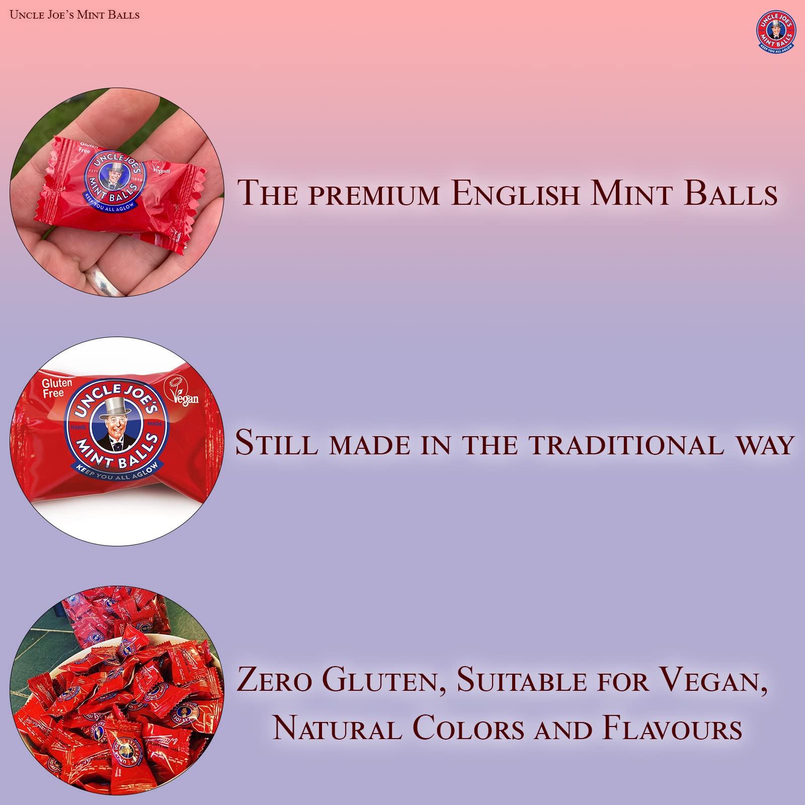 Uncle Joe's Mint Balls - Traditional British Hard Candy in Tin | Gluten Free, Vegan & Natural Mints | Handmade in UK | Individually Wrapped Sweets | Perfect for Gifts, Office Treats & After-Dinner Refreshment | 4.23oz (3-Pack)