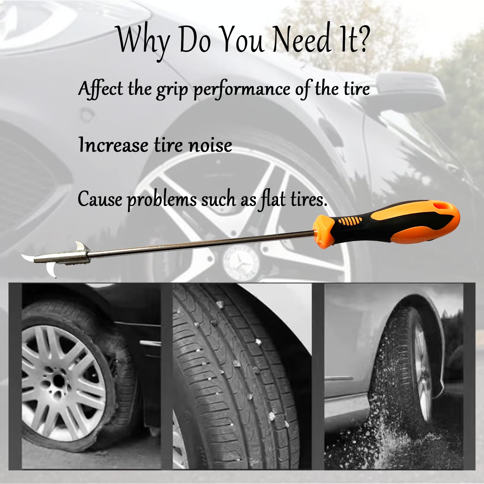 Multifunctional Stainless Steel Tire Stone Removal Tool - Portable Car Wheel Cleaning Hook with Screwdriver for Automotive Repair & Maintenance | Perfect for Off-Roading, Winter Driving & DIY Tire Care
