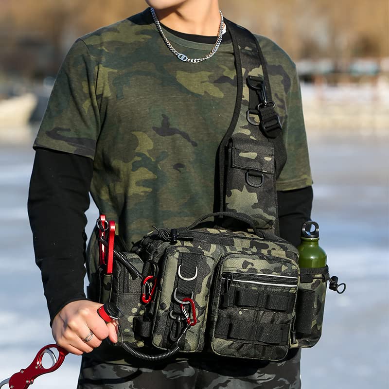 Waterproof Nylon Fishing Backpack with Rod Holder - Fly Fishing Gear Storage Bag for Men, Outdoor Fishing Tackle Organizer, Sling Shoulder Pack for Hiking & Camping (Black Camo)