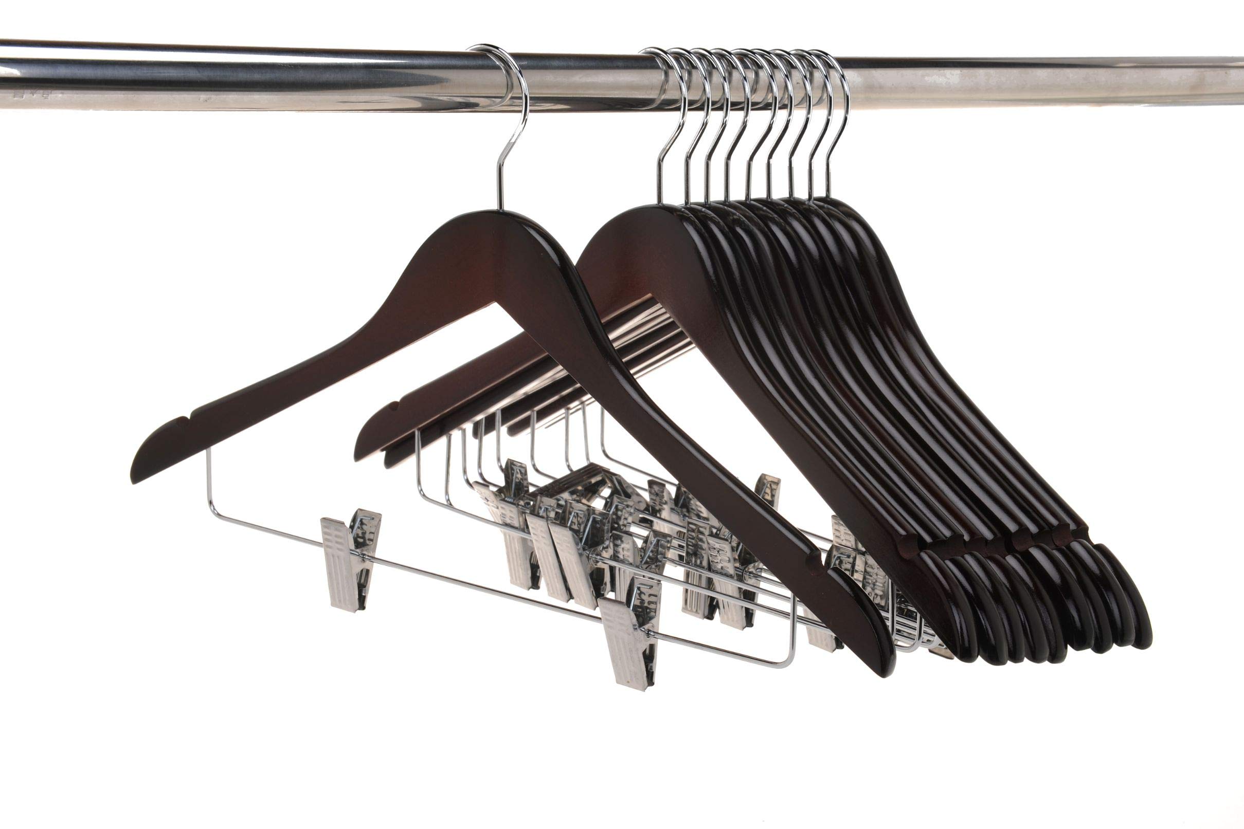 Premium 80-Pack Mahogany Wooden Skirt & Pants Hangers with Adjustable Chrome Metal Clips & Swivel Hook - Heavy Duty Clothes Hangers for Coats, Jackets, Blouses & Suits - Perfect for Closet Organization & Retail Display (Mahogany, 80)
