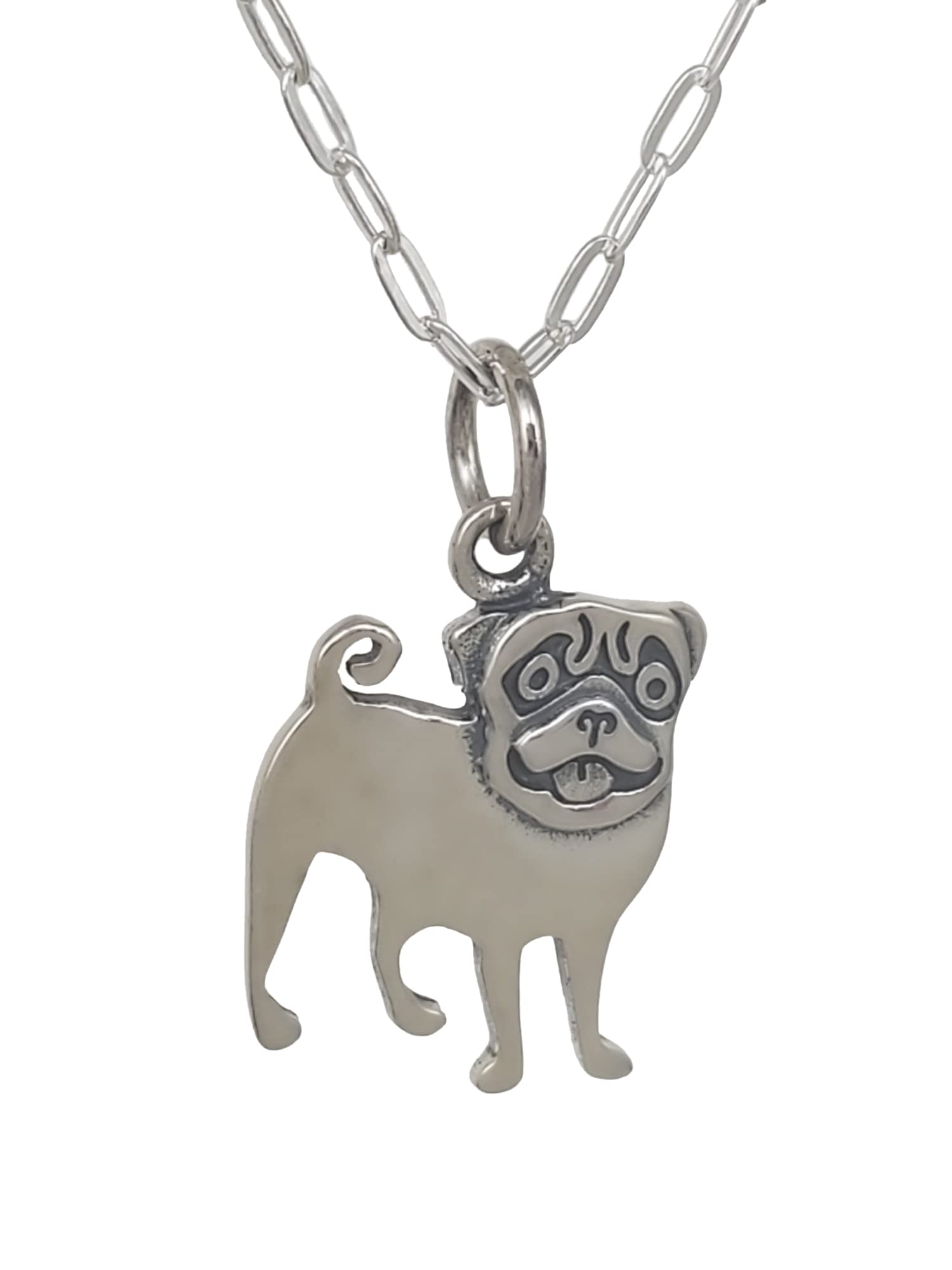 Sterling Silver Pug Silhouette Flat Charm Necklace - 18 Inch Dainty Dog Jewelry for Women - Perfect Gift for Pet Lovers & Everyday Wear
