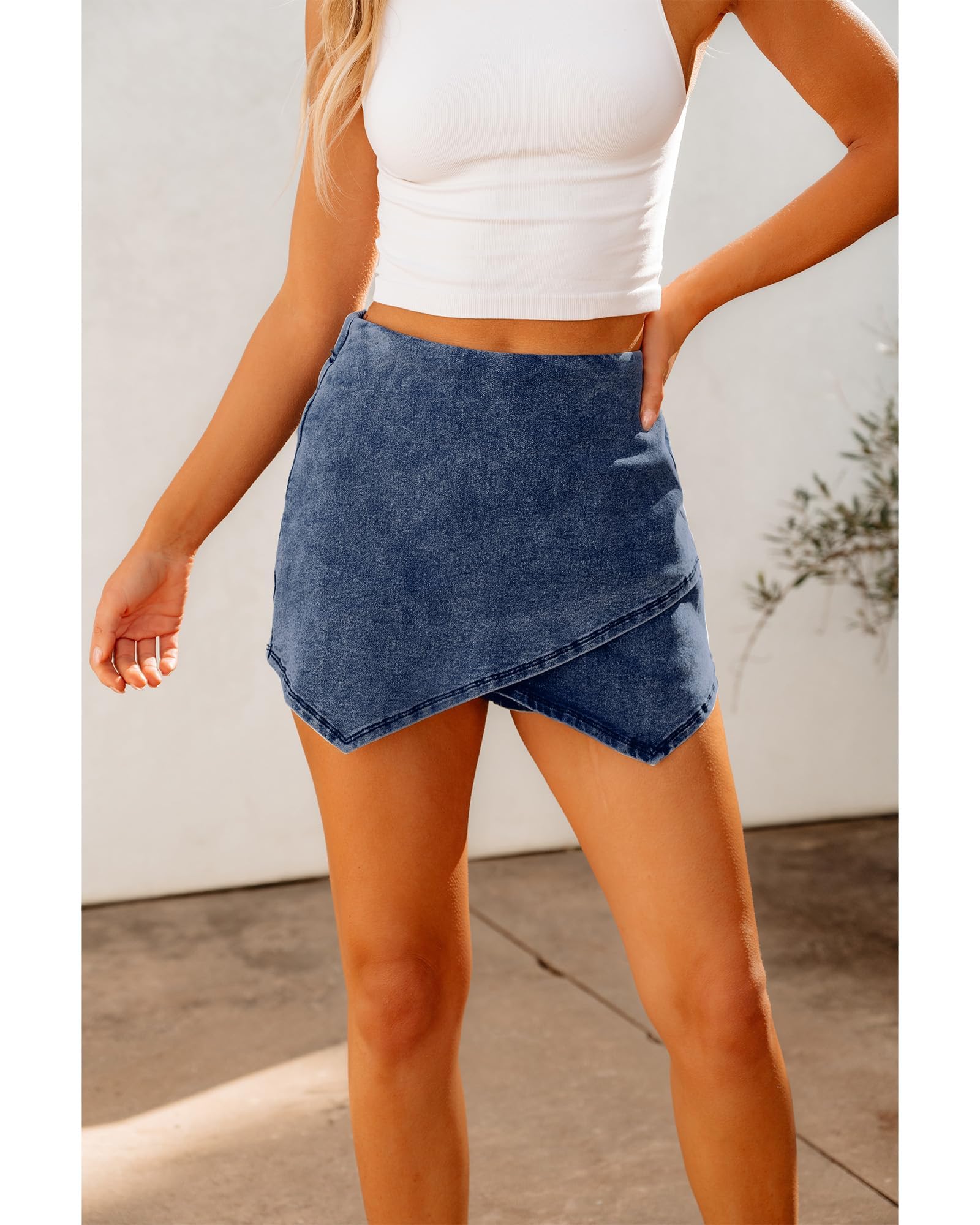Luvamia Women's High Waisted Stretchy Denim Skorts - Pull On Wrap Skirt with Built-in Shorts, Asymmetrical Trendy Design for Casual Wear, Summer Outfits & Travel