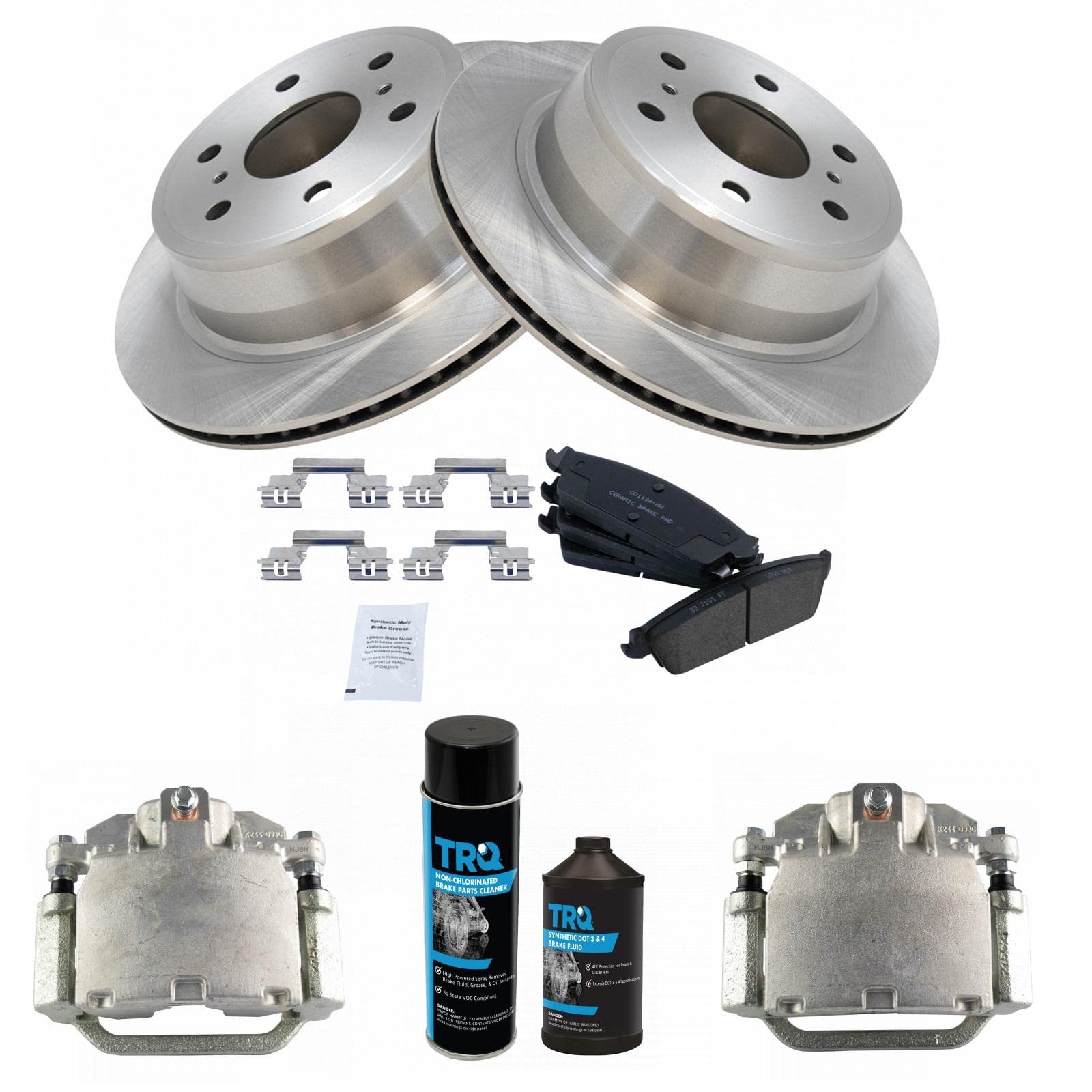 TRQ Rear Ceramic Brake Pad, Rotor & Caliper Kit with Brake Fluid - Compatible with Cadillac Escalade & Chevrolet Silverado 1500/2500/3500 (2007-2020) - Perfect for Towing, Off-Roading & Heavy-Duty Driving