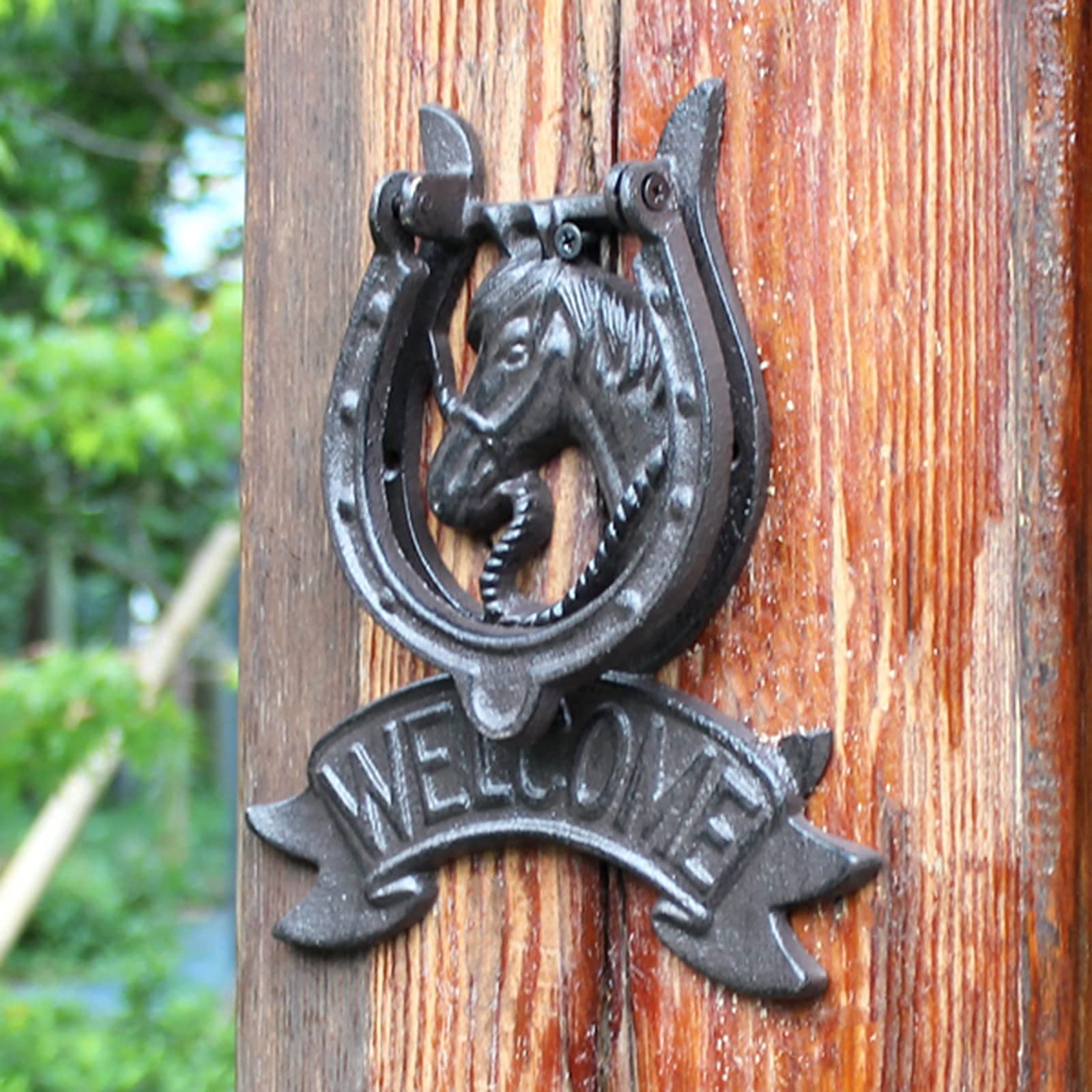 Rustic Horse Welcome Door Knocker - Farmhouse Style Outdoor Hanging Gate Handle for Front Doors, Barn Doors & Wood Doors - Heavy Duty Hardware Included - Perfect for Country Homes, Ranch Houses & Cabin Entryways