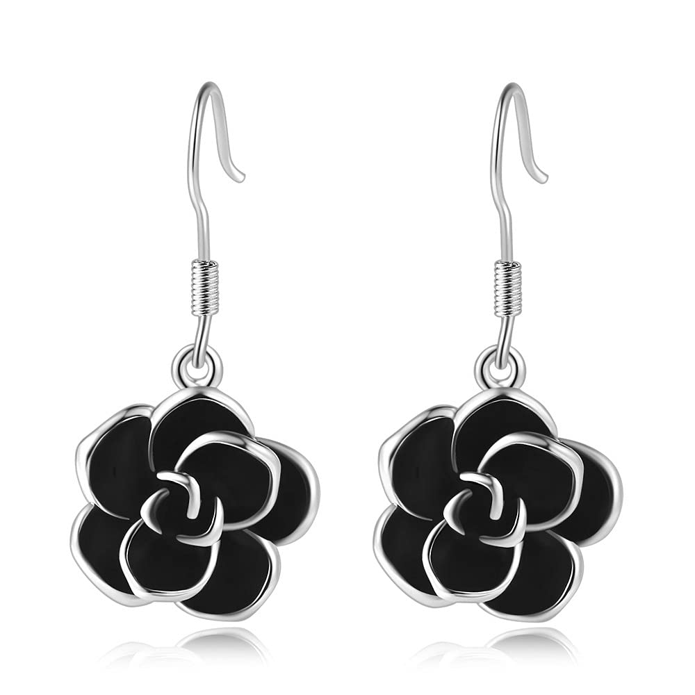 18K Rose Gold Plated Black Rose Flower Hook Earrings for Women - Elegant Dangle Earrings for Party, Wedding & Evening Occasions