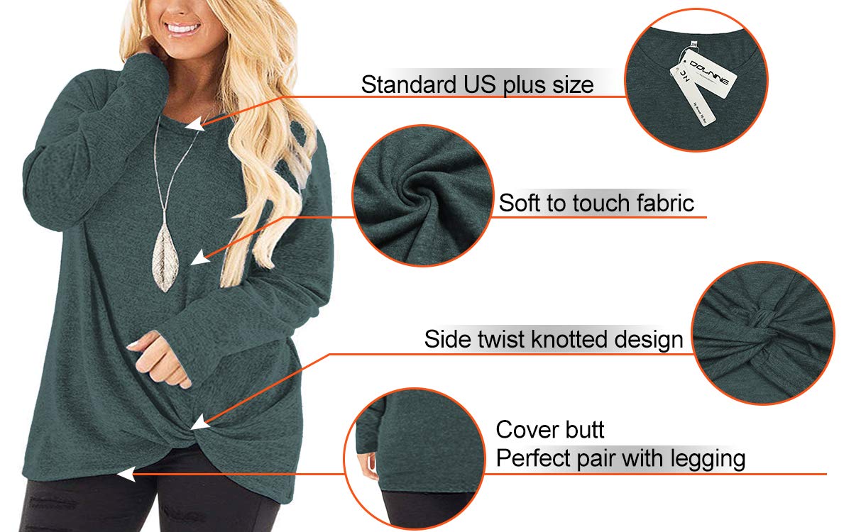 DOLNINE Women's Plus Size Knotted Tops Long Sleeve Tee Shirts - Loose Casual Blouse for Women, Comfortable Stretchy Tunic Top for Everyday Wear, Office, and Date Night Outfits