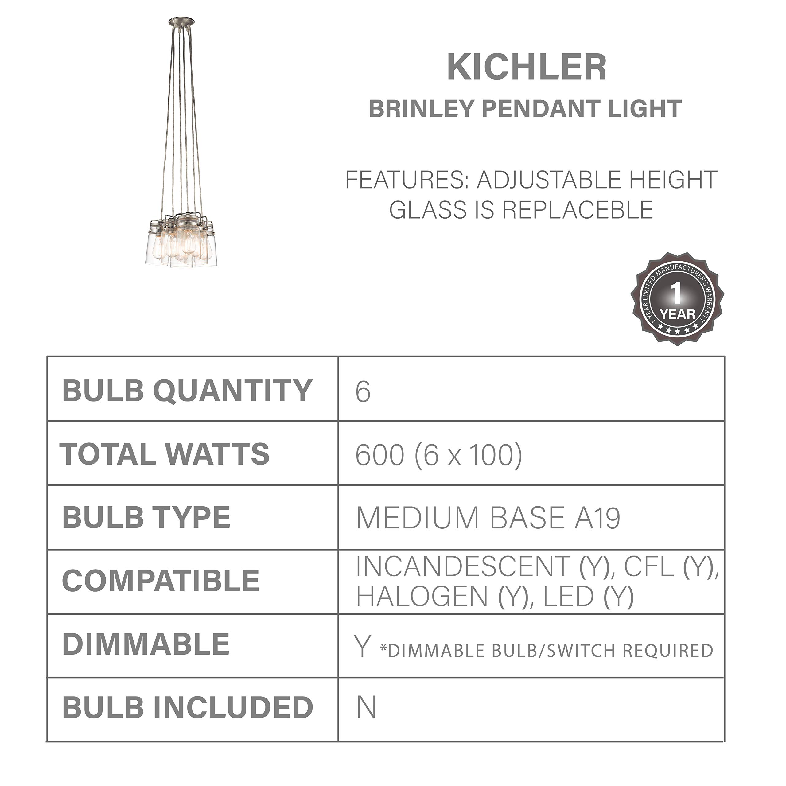 KICHLER Brinley 7.75 Inch 6-Light Pendant Light Fixture with Clear Glass Shade in Brushed Nickel Finish - Perfect for Kitchen Island, Dining Room, or Entryway Lighting