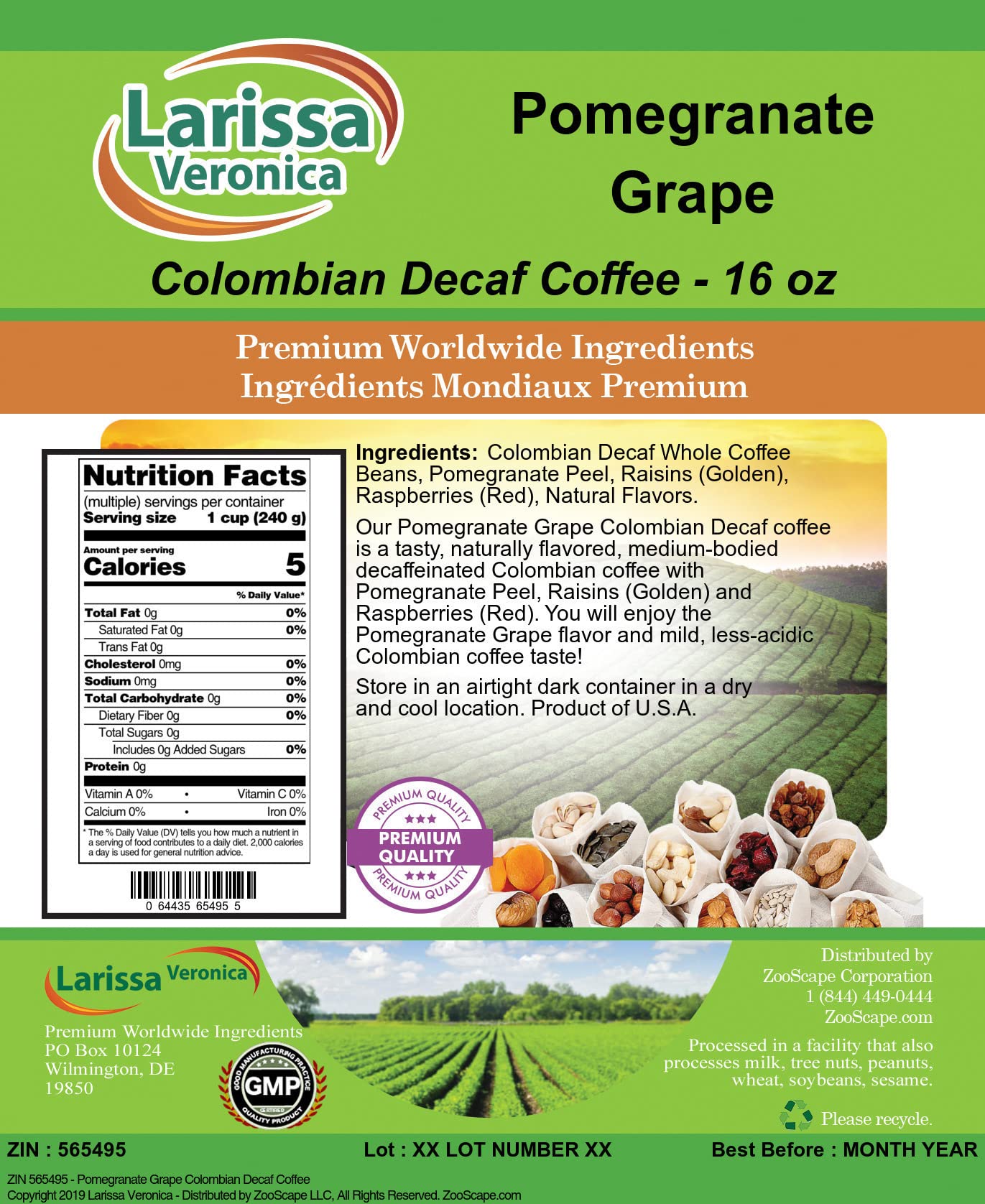 Premium Colombian Decaf Coffee Beans - Pomegranate Grape Flavor, Gourmet Whole Bean Coffee, Naturally Flavored, 16oz (3 Pack) | Perfect for Afternoon Relaxation & Gift Giving