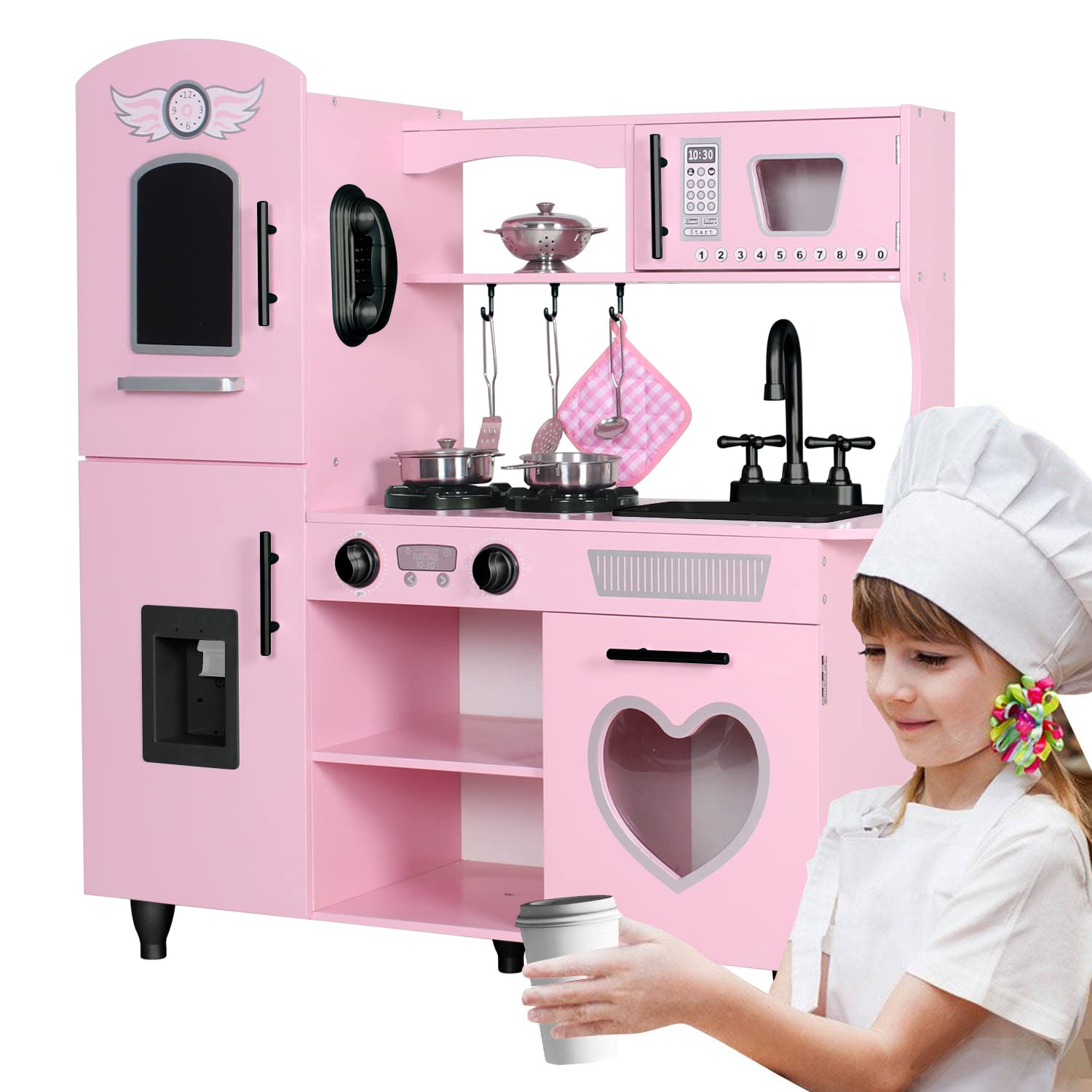 **TaoHFE Pink Wooden Play Kitchen Set for Kids - Interactive Toy Kitchen with Lights & Sounds, Perfect Gift for Girls & Boys Ages 3-8 - Pretend Play for Toddlers & Preschoolers (Ideal for Birthday, Christmas & Indoor Playtime)**